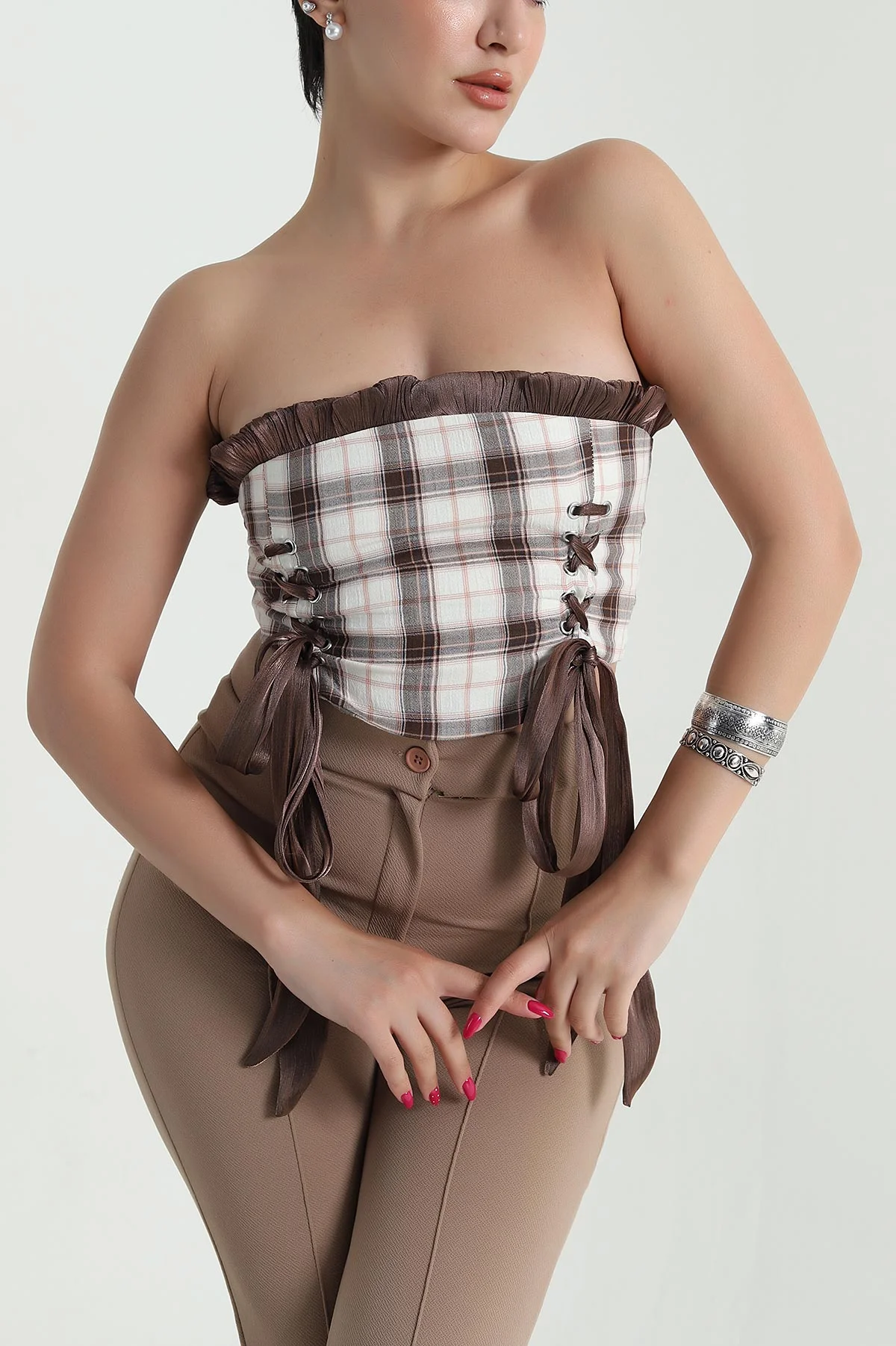 Kahve Laress Check Ekose Kadın Büstiyer 474433