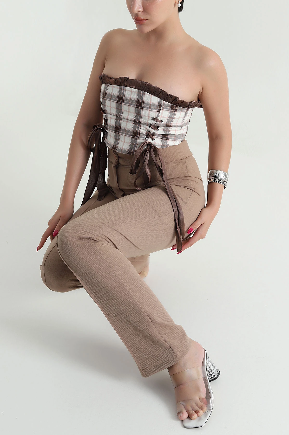Kahve Laress Check Ekose Kadın Büstiyer 474433