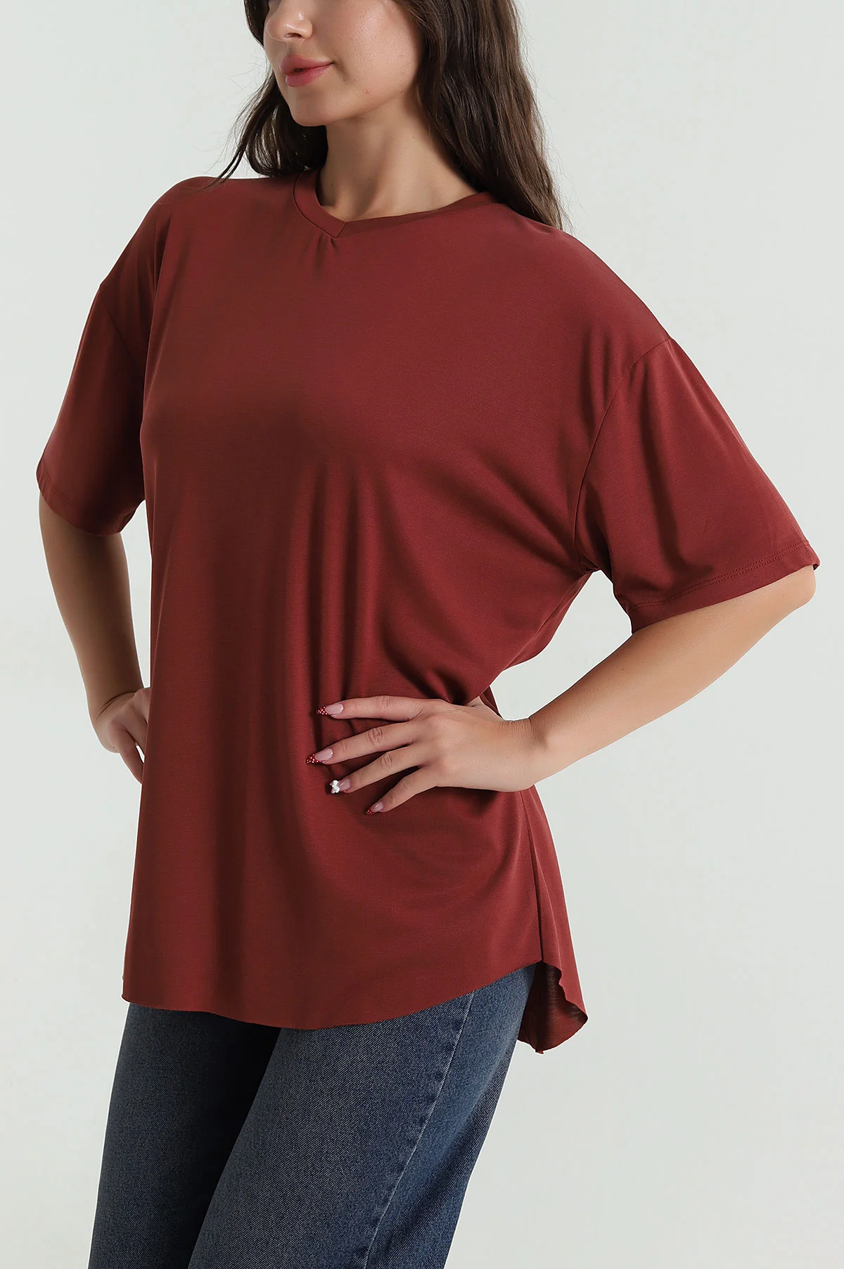 Kahve Oval Kesim Modal Kadın Tişört 472546