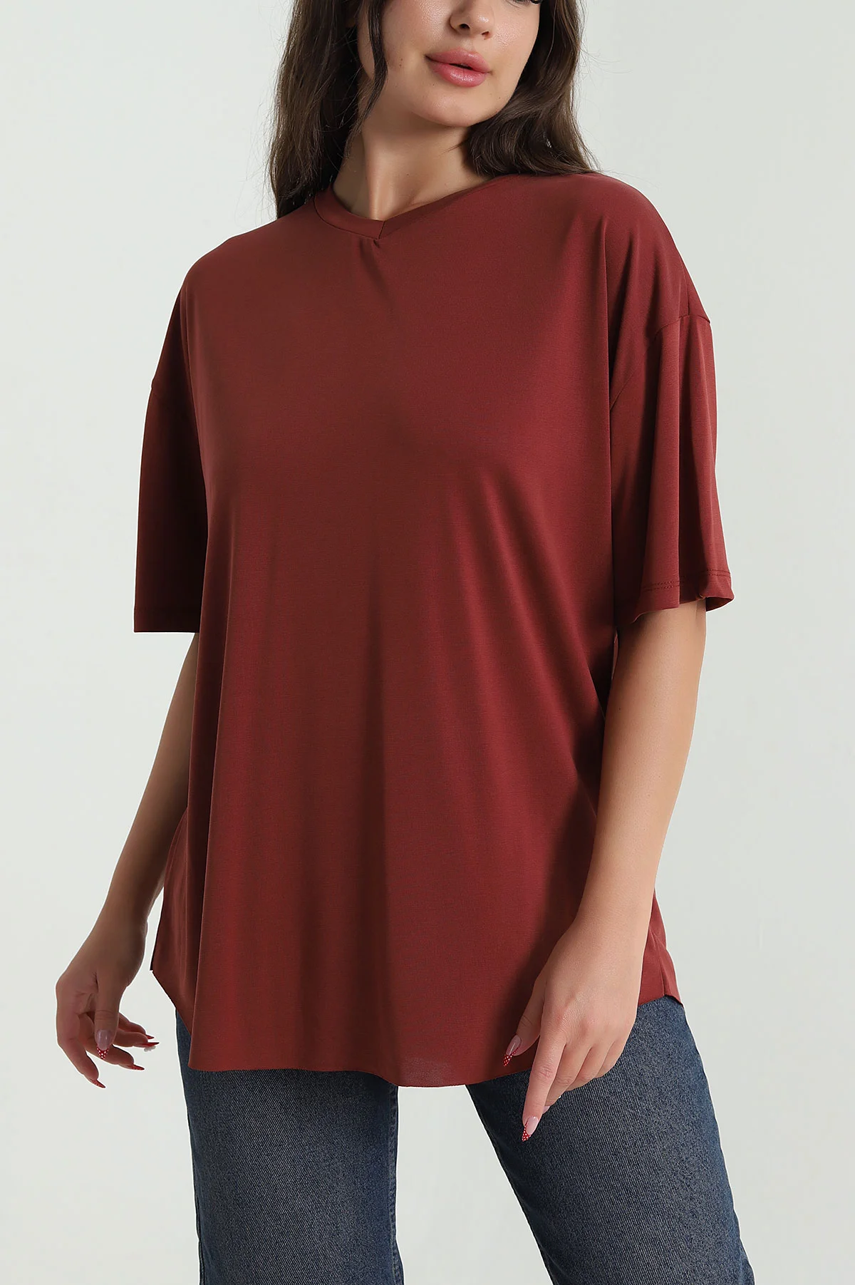 Kahve Oval Kesim Modal Kadın Tişört 472546