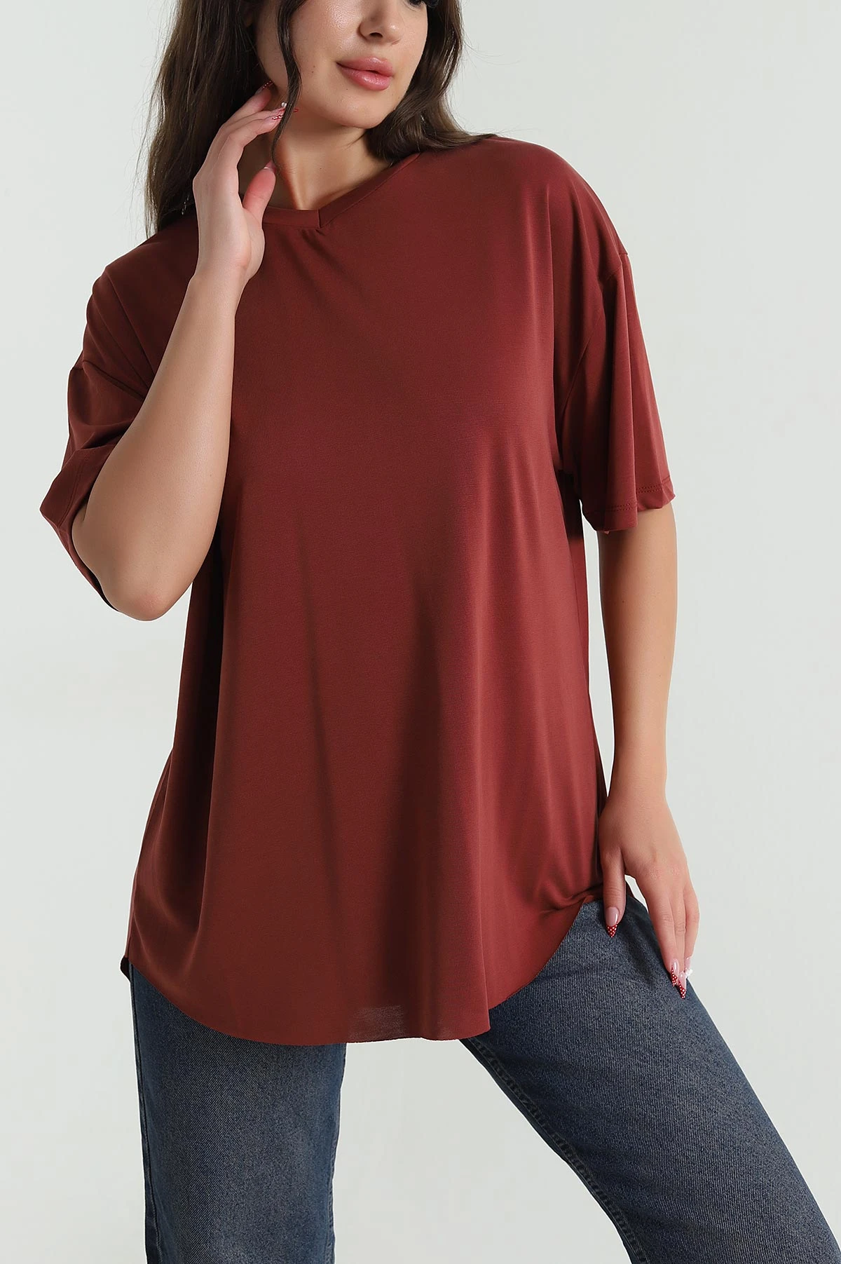 Kahve Oval Kesim Modal Kadın Tişört 472546