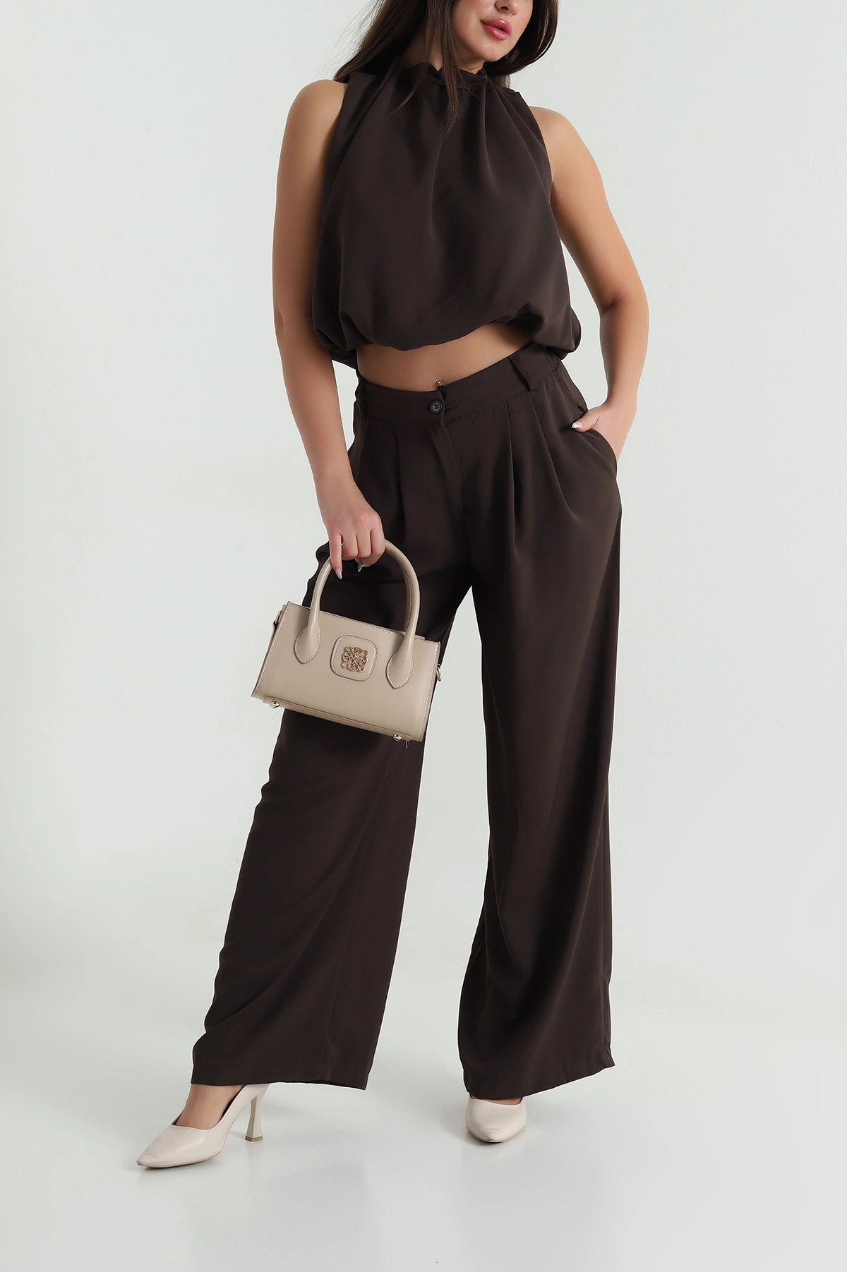 Kahve Pantolon Bluz Linda Kadın İkili Takım 484192