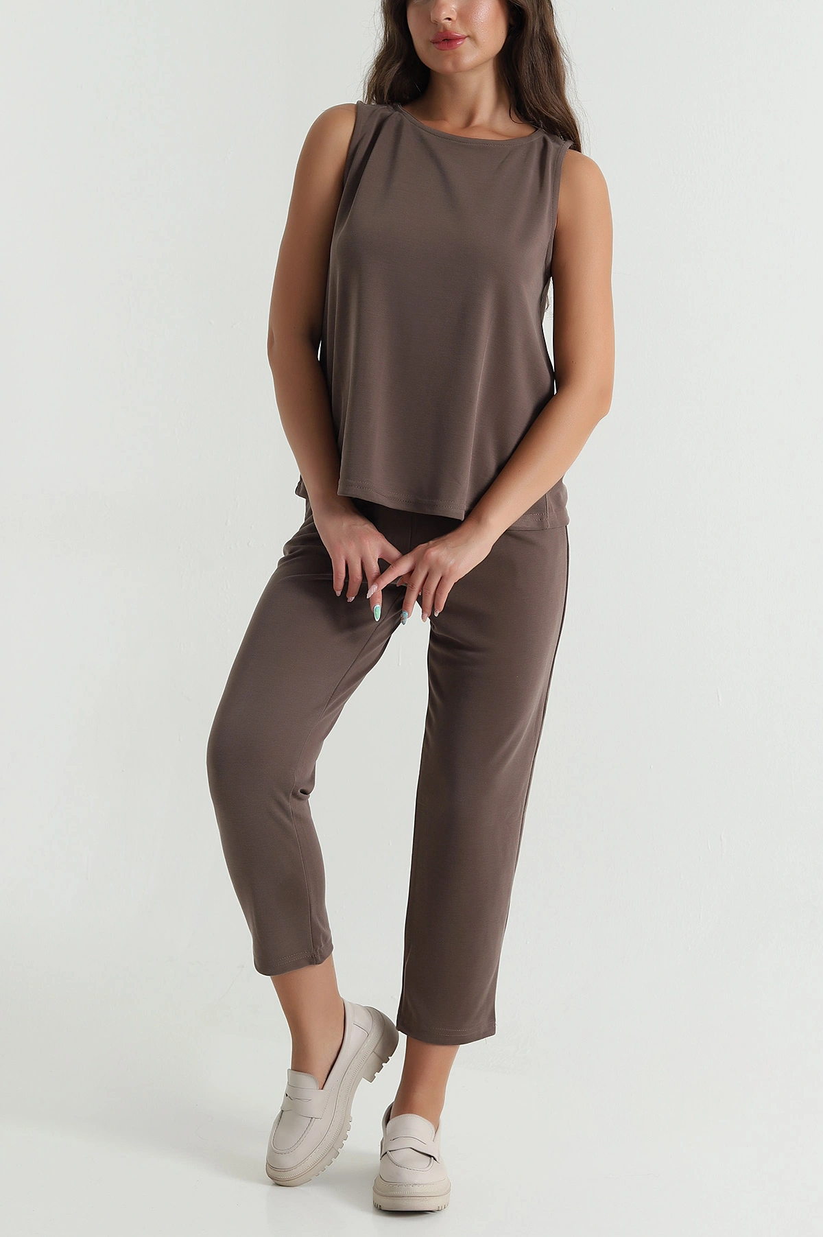 Kahve Pantolon Bluz Pike Modal Kadın İkili Takım 471411