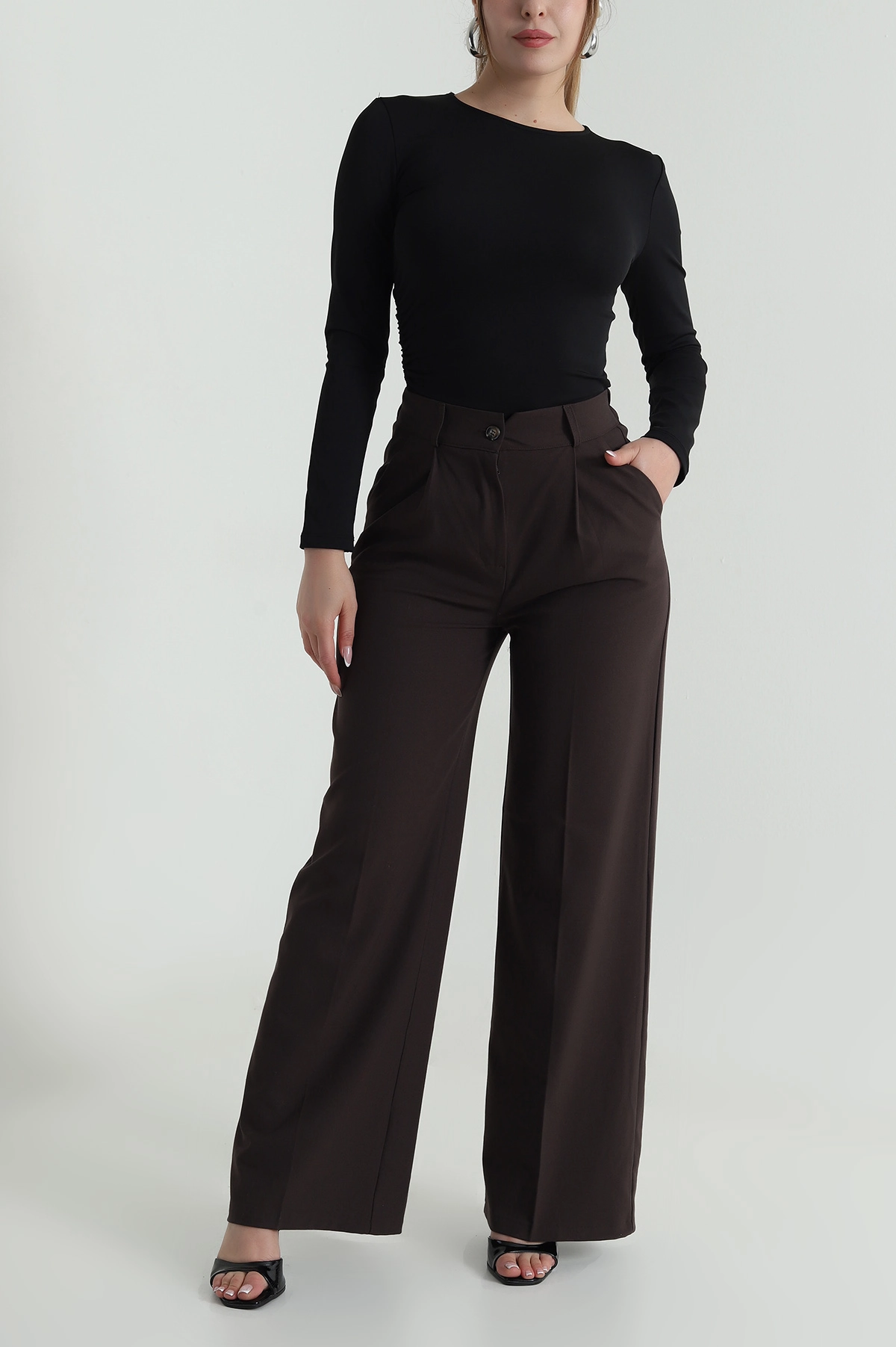 Kahve Pileli Cepli Double Kadın Pantolon 486951