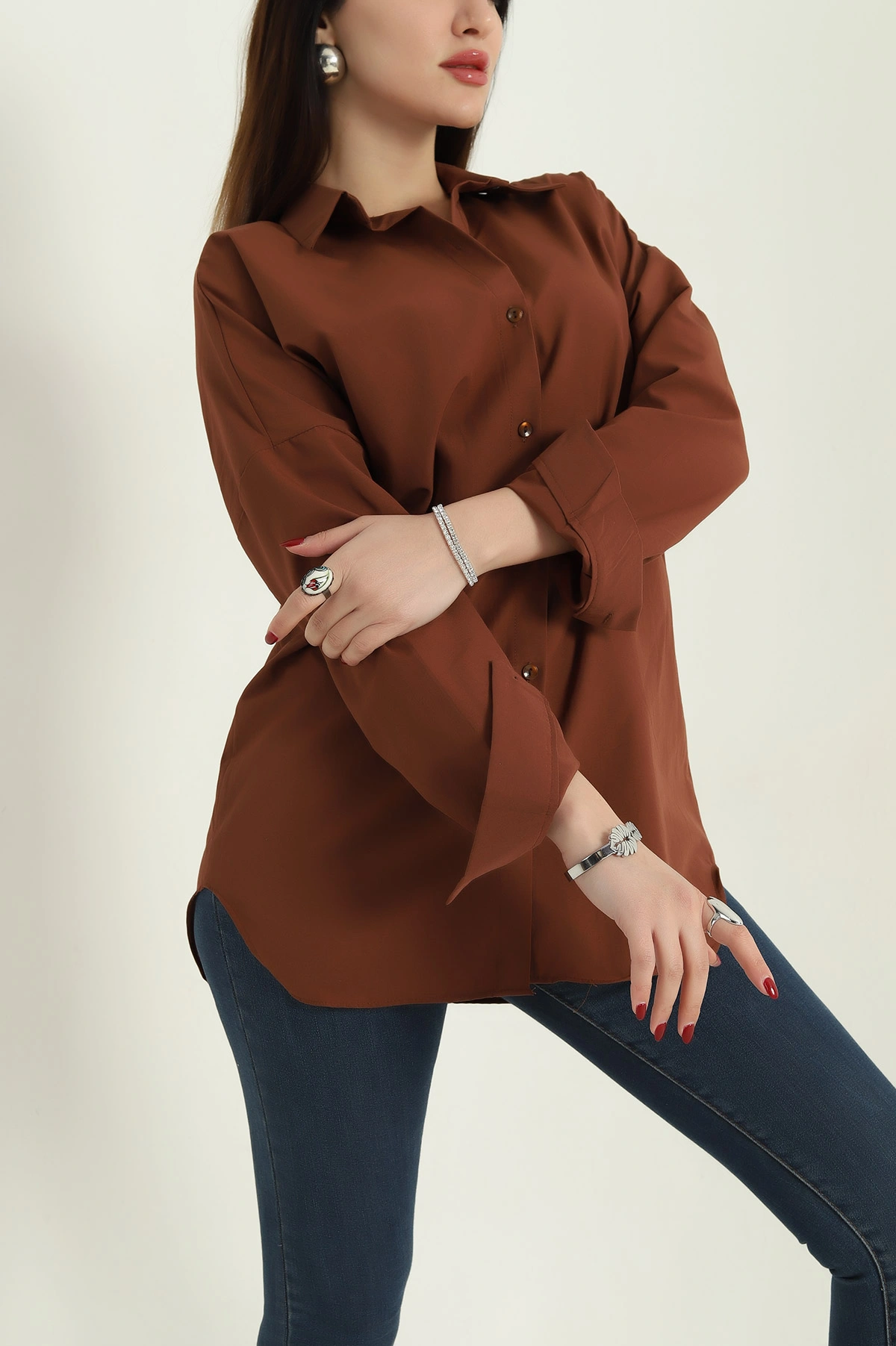 Kahve Poplin Kumaş Gömlek Tunik 336934