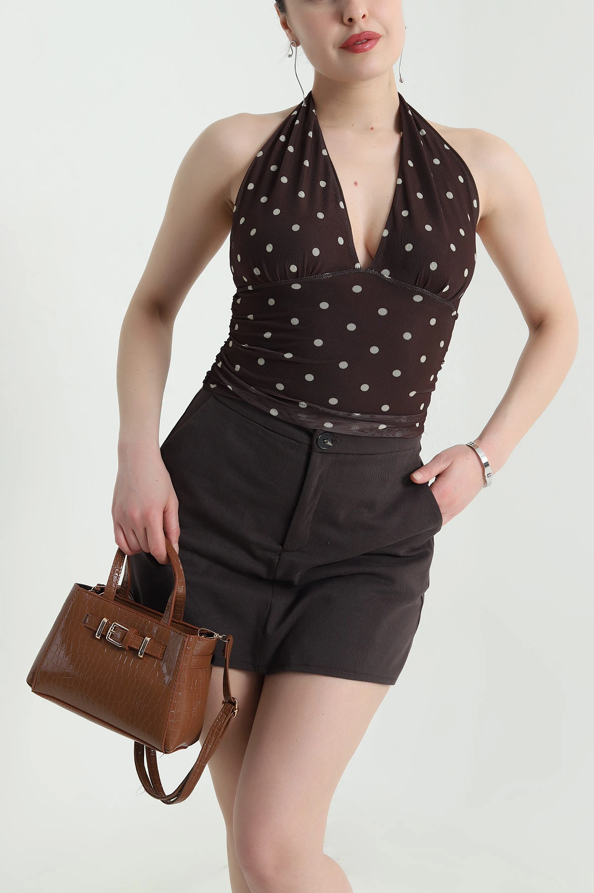 Kahve Puantiyeli Astarlı Kadın Tül Bluz 454498