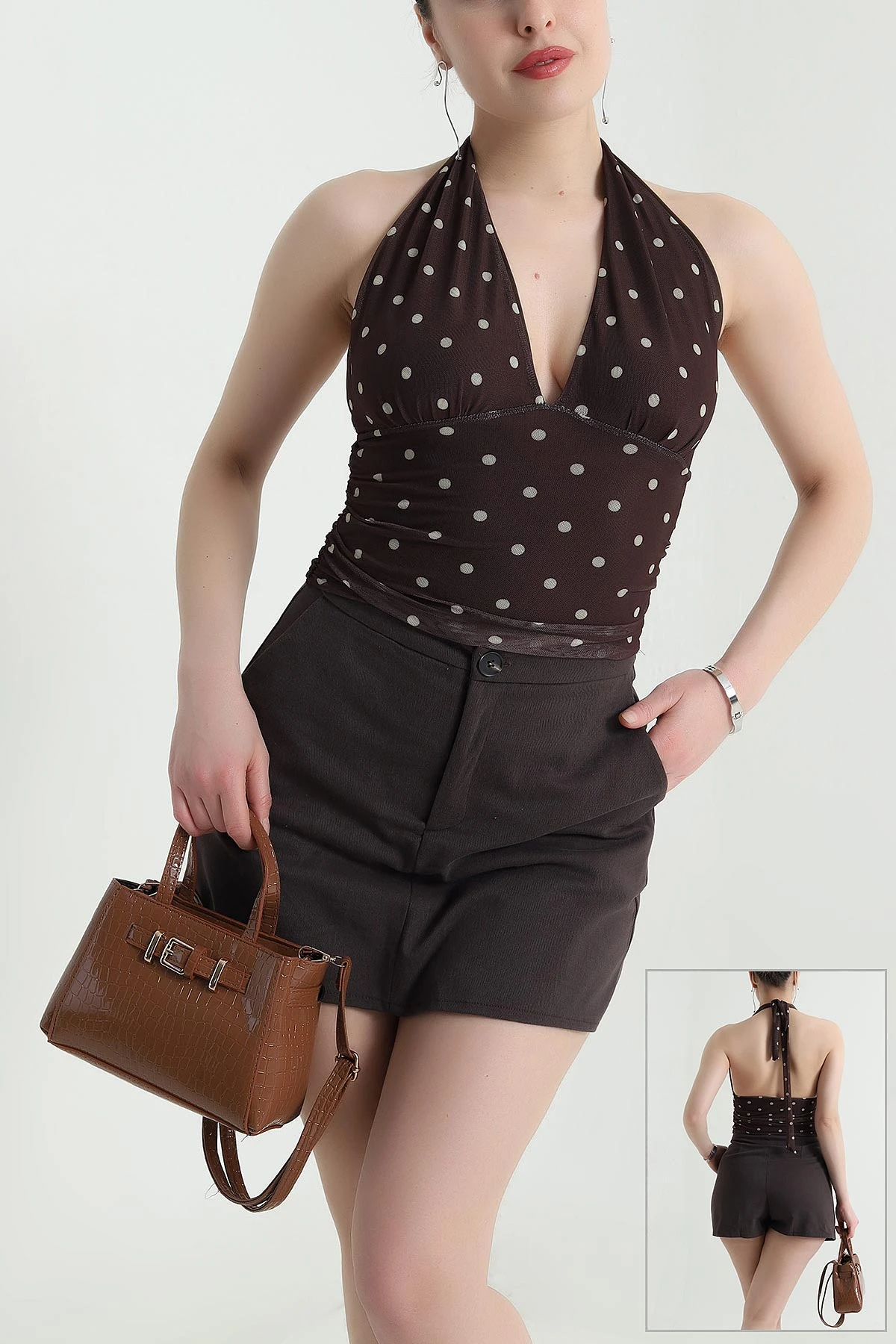 Kahve Puantiyeli Astarlı Kadın Tül Bluz 454498