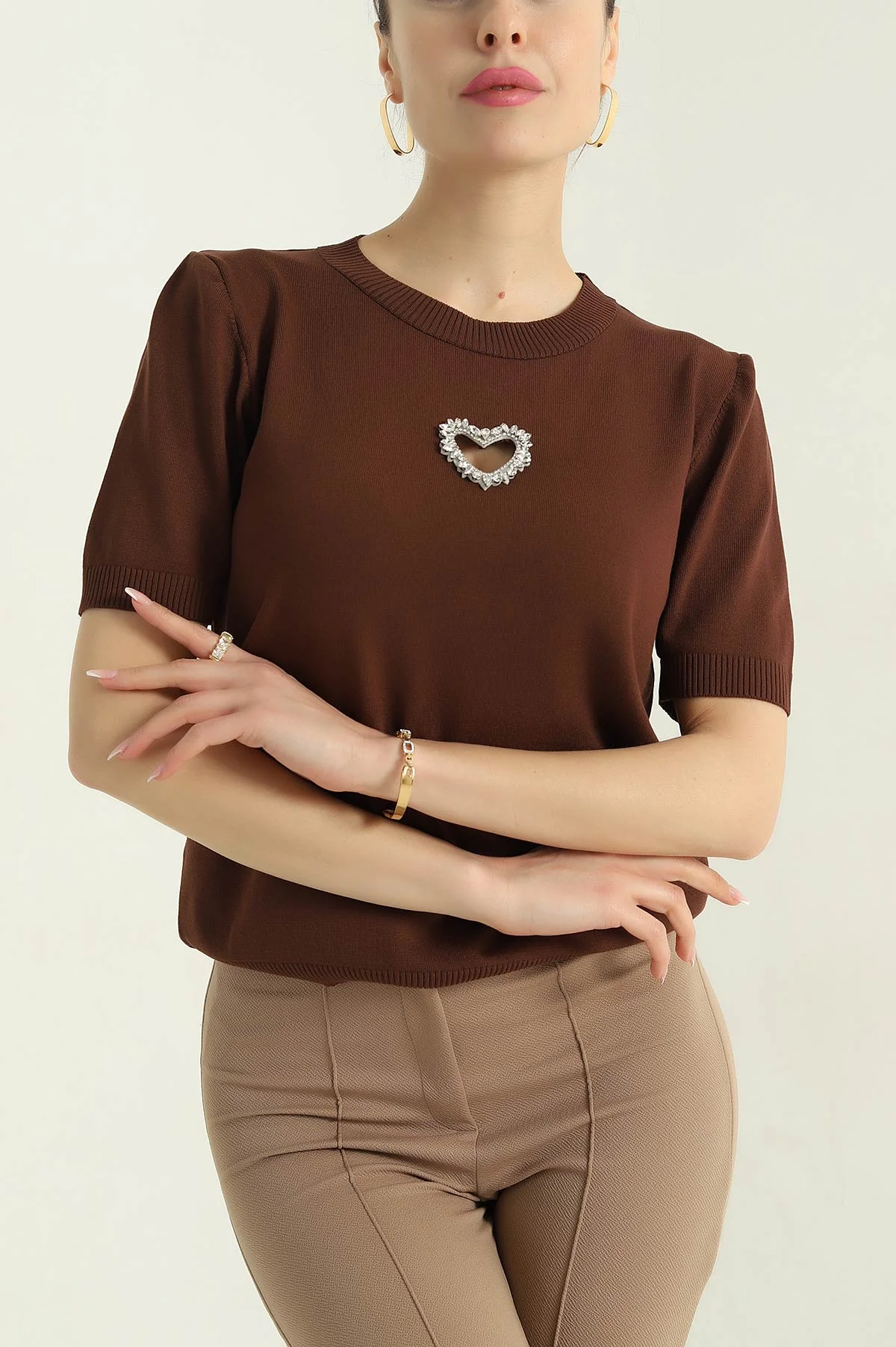 Kahve Taş İşlemeli Recycle Triko Bluz 355385