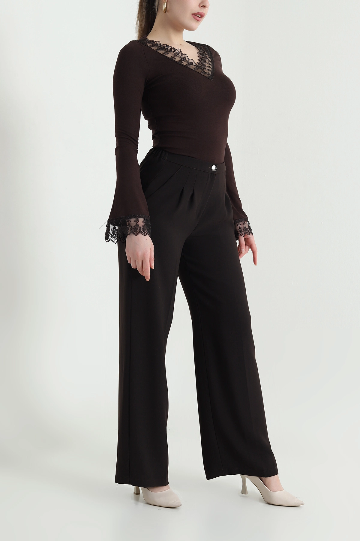 Kahve Tensel Crep Beli Lastikli Kadın Pantolon 440769