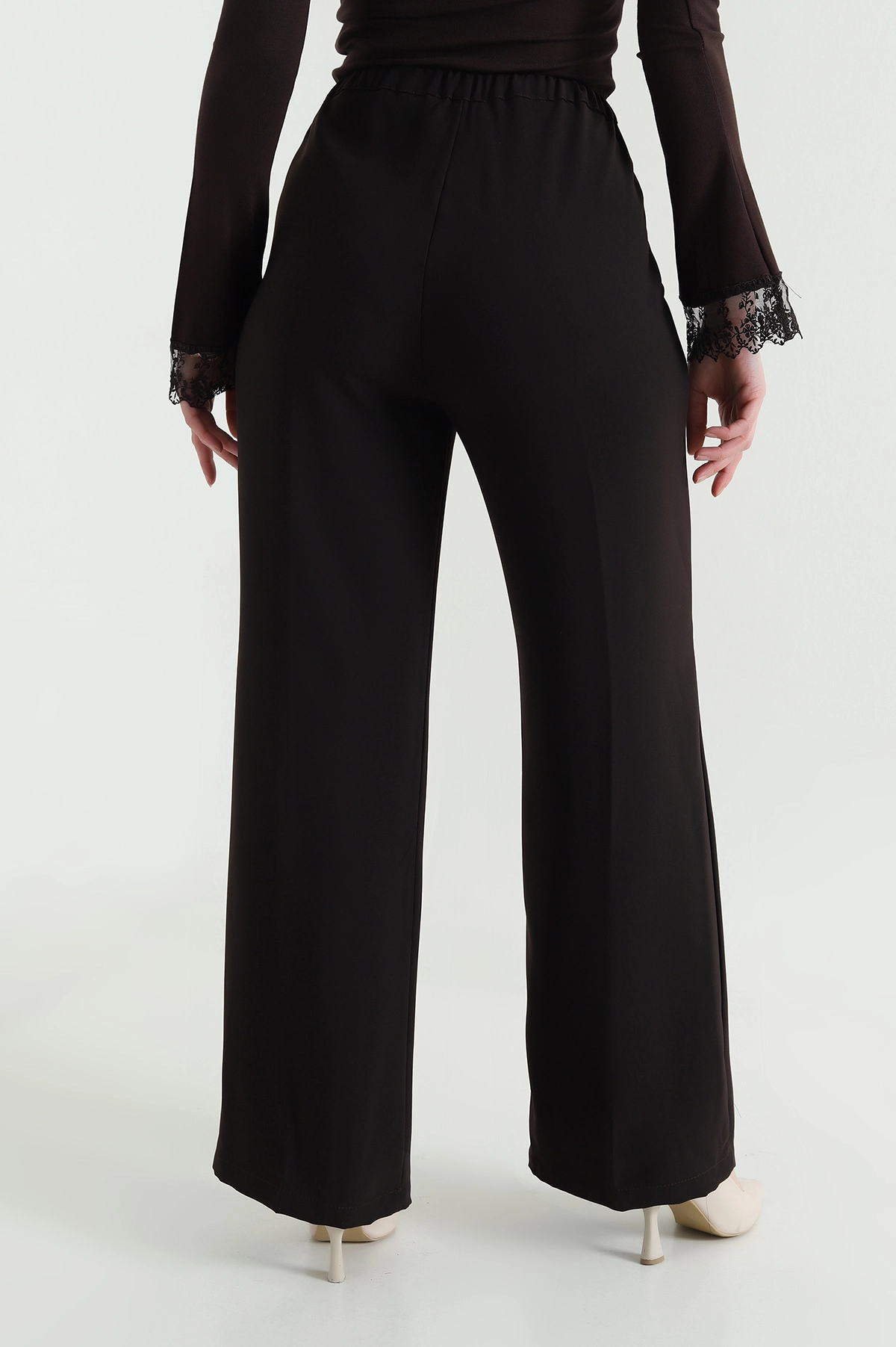 Kahve Tensel Crep Beli Lastikli Kadın Pantolon 440769