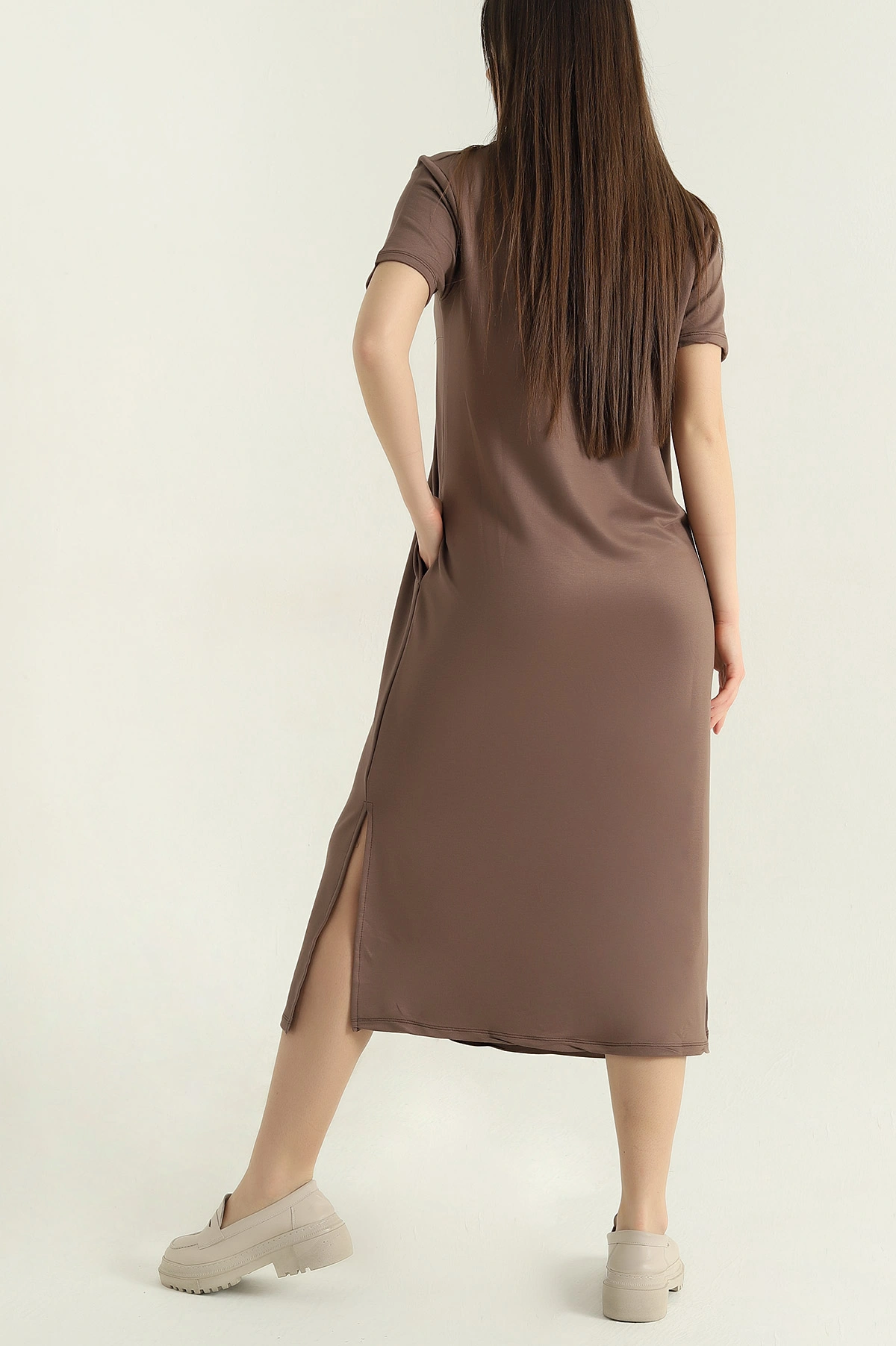 Kahve Yakalı Cepli Oysho Kumaş Elbise 358930