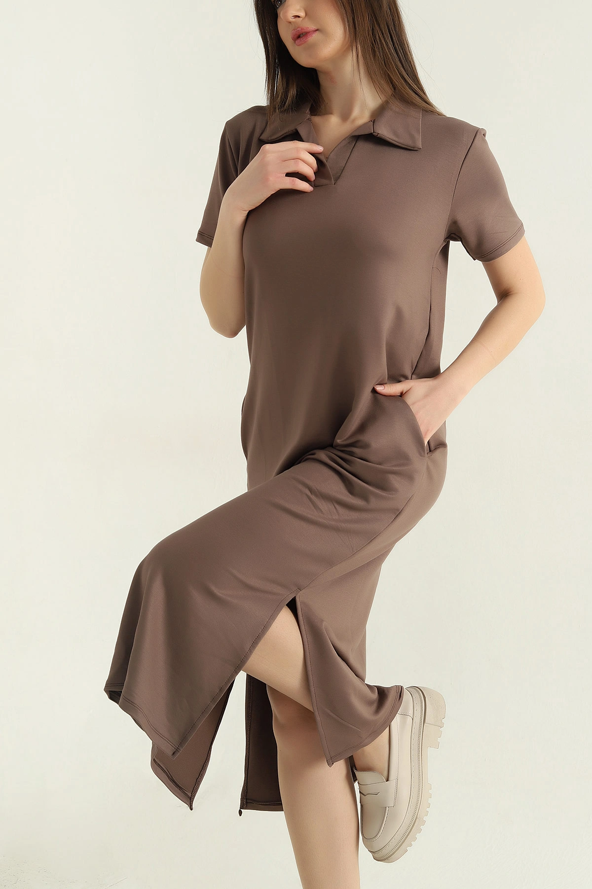 Kahve Yakalı Cepli Oysho Kumaş Elbise 358930