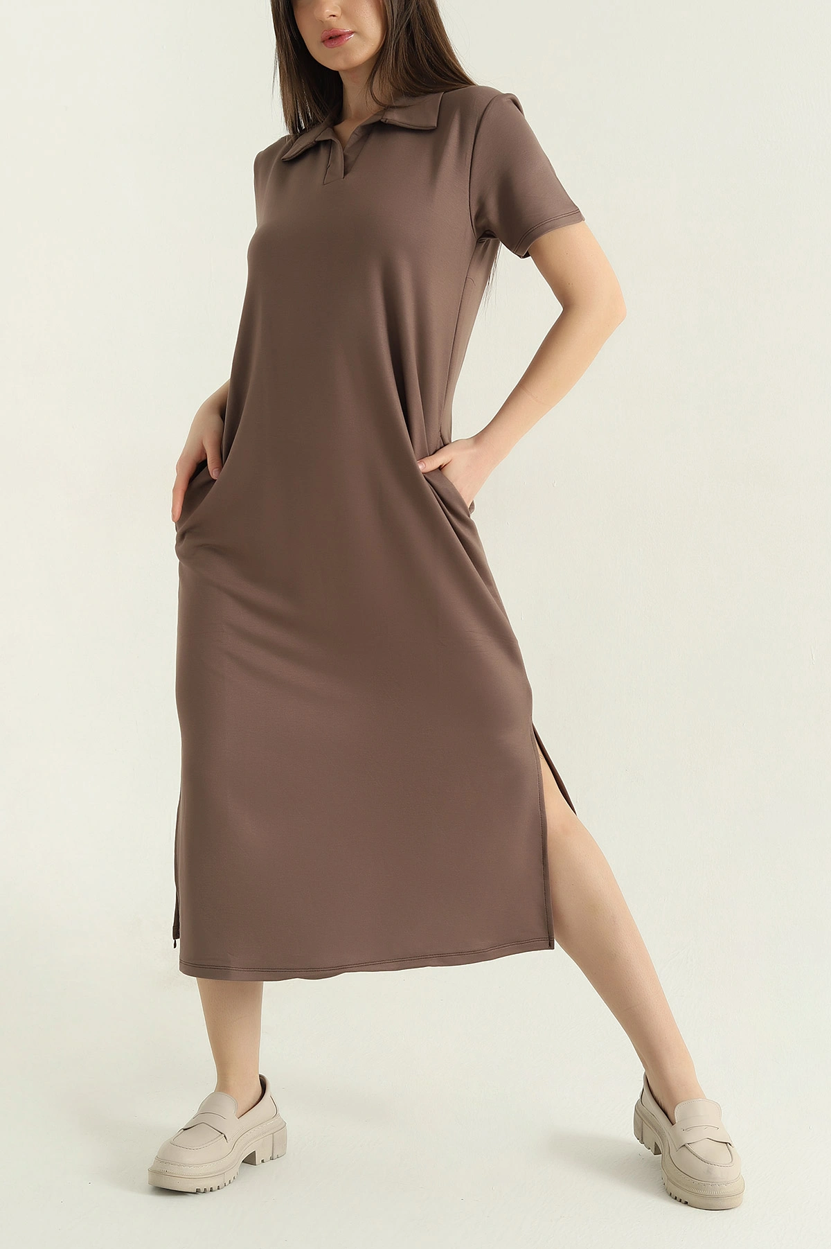 Kahve Yakalı Cepli Oysho Kumaş Elbise 358930