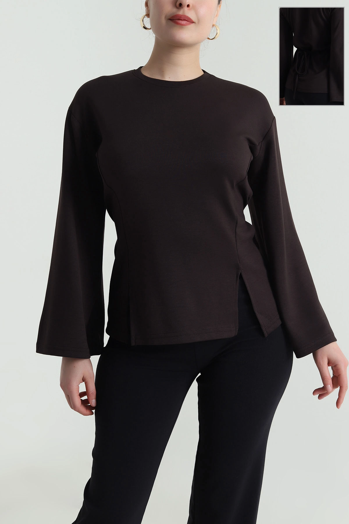 Kahve Yırtmaçlı Bağlamalı Modal Kadın Bluz 493799