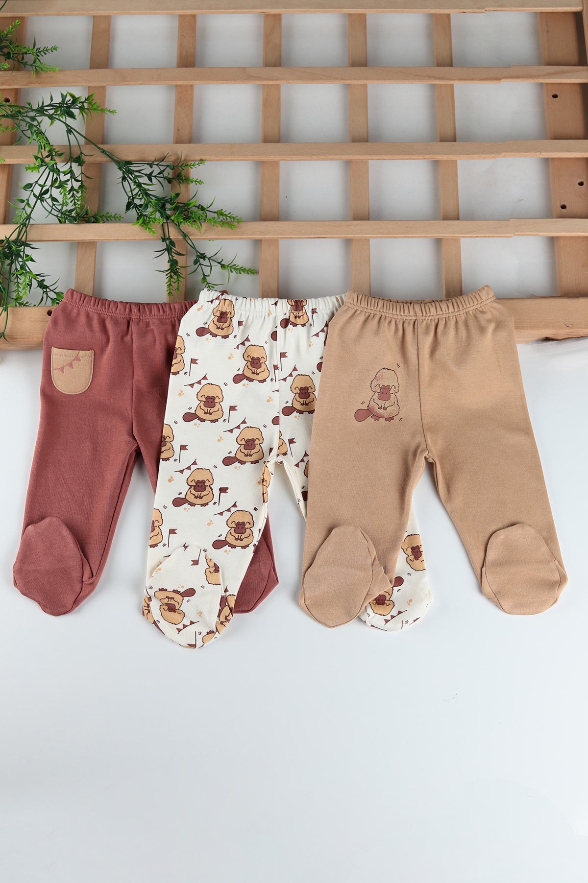 Kahverengi (0-3 Ay) Ördek Baskılı 3'lü Erkek Bebe Pantolon 201325