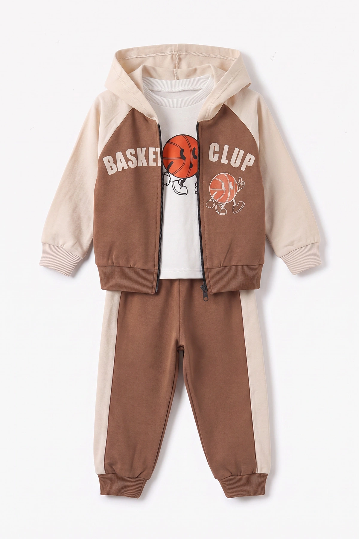Kahverengi (0-4 Yaş) Basketball Baskılı Kapüşonlu Fermuarlı Hırkalı Erkek Çocuk 2 İp 3'lü Takım 471509