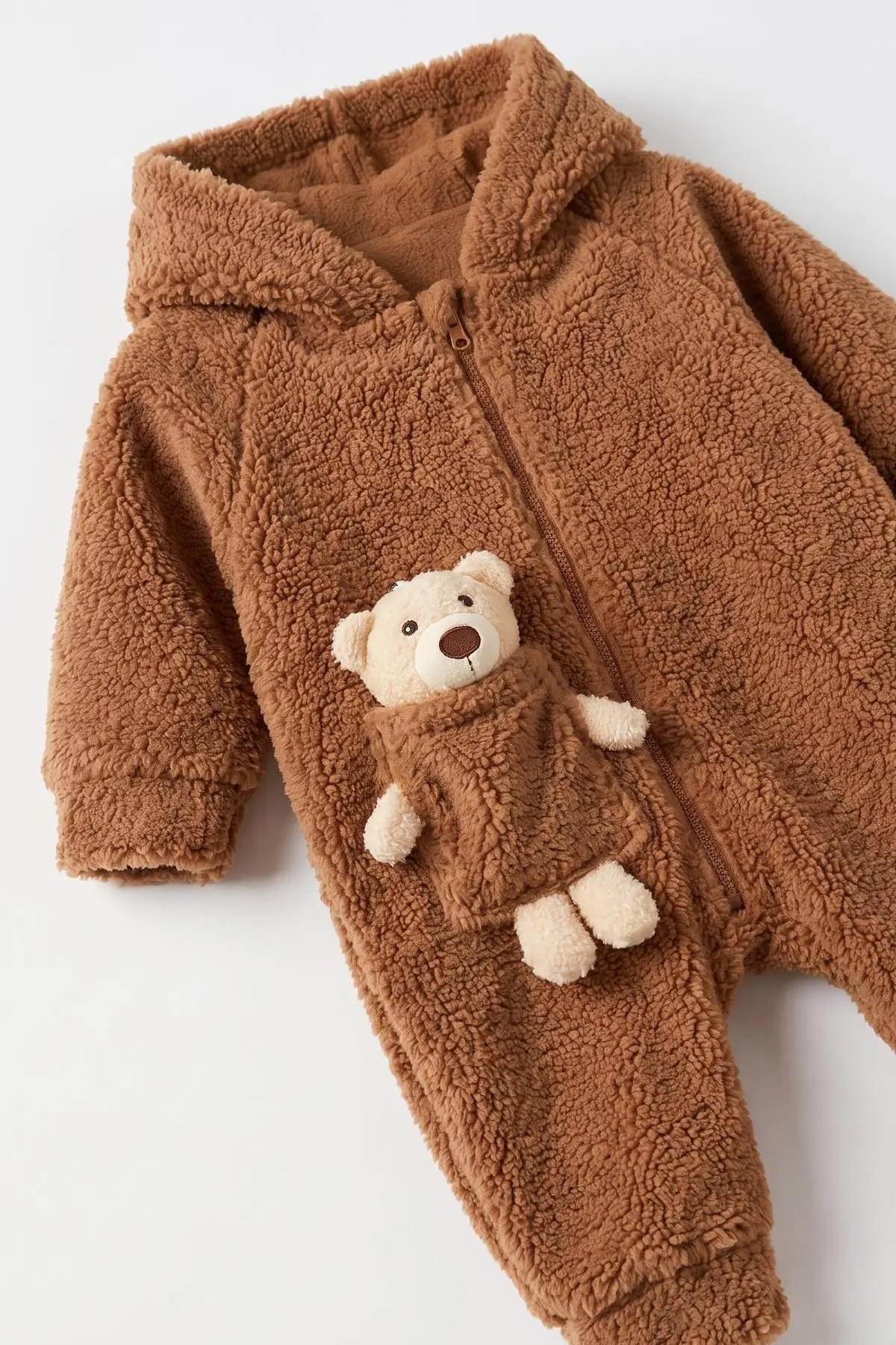 Kahverengi (1-3 Yaş) Ayı Oyuncaklı Kapüşonlu Unisex Çocuk&Bebek Peluş  Tulum 495651