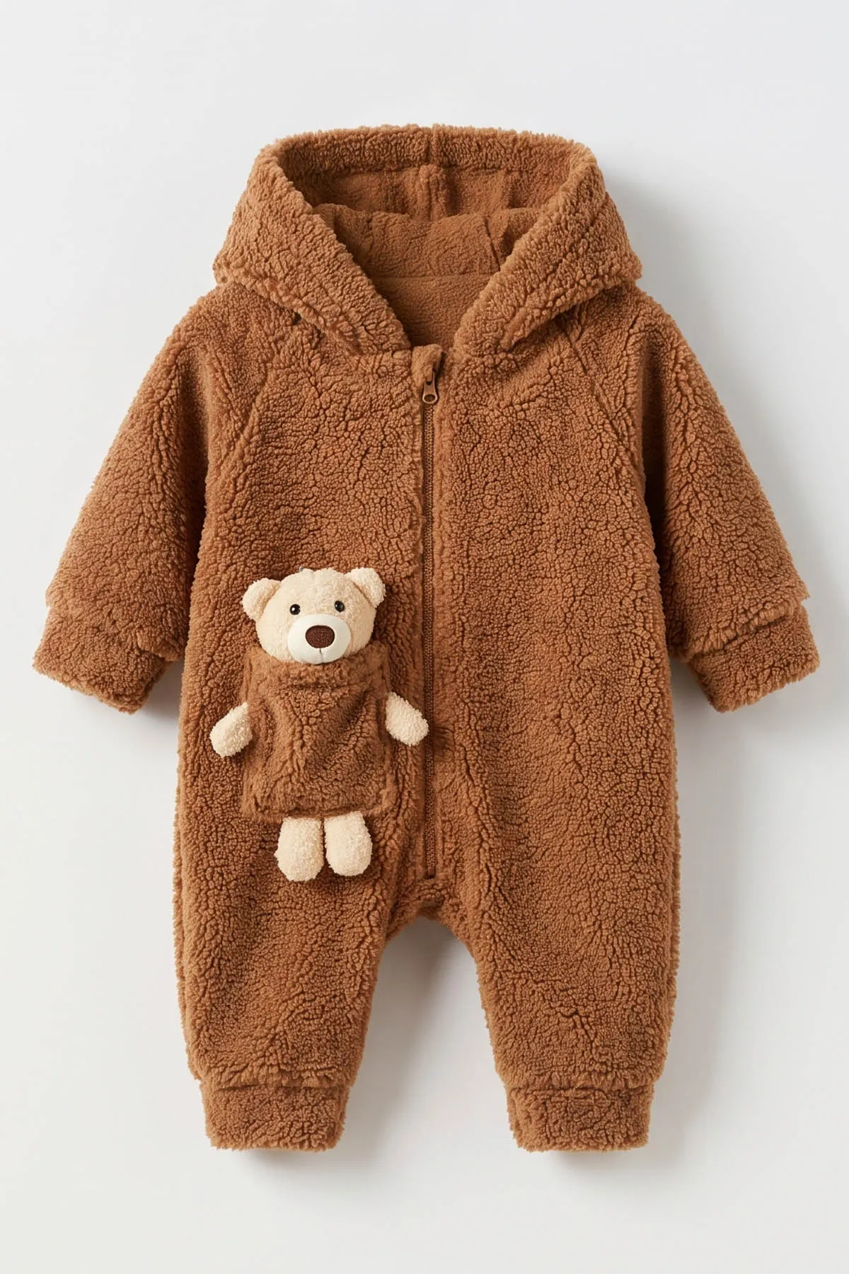 Kahverengi (1-3 Yaş) Ayı Oyuncaklı Kapüşonlu Unisex Çocuk&Bebek Peluş  Tulum 495651