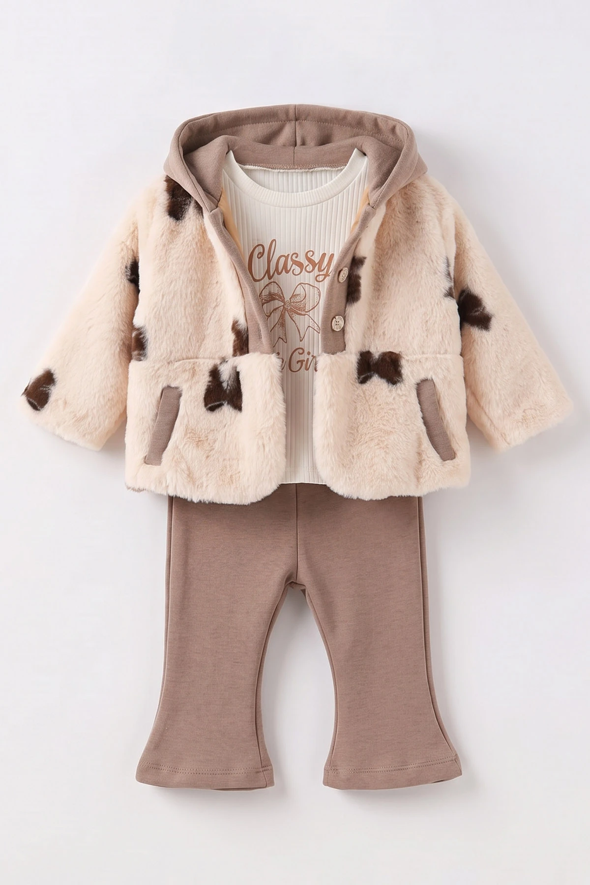Kahverengi (1-4 Yaş) Kapüşonlu Peluş Montlu Fitilli Badili Kız Çocuk&Bebek 3'lü Takım 490186