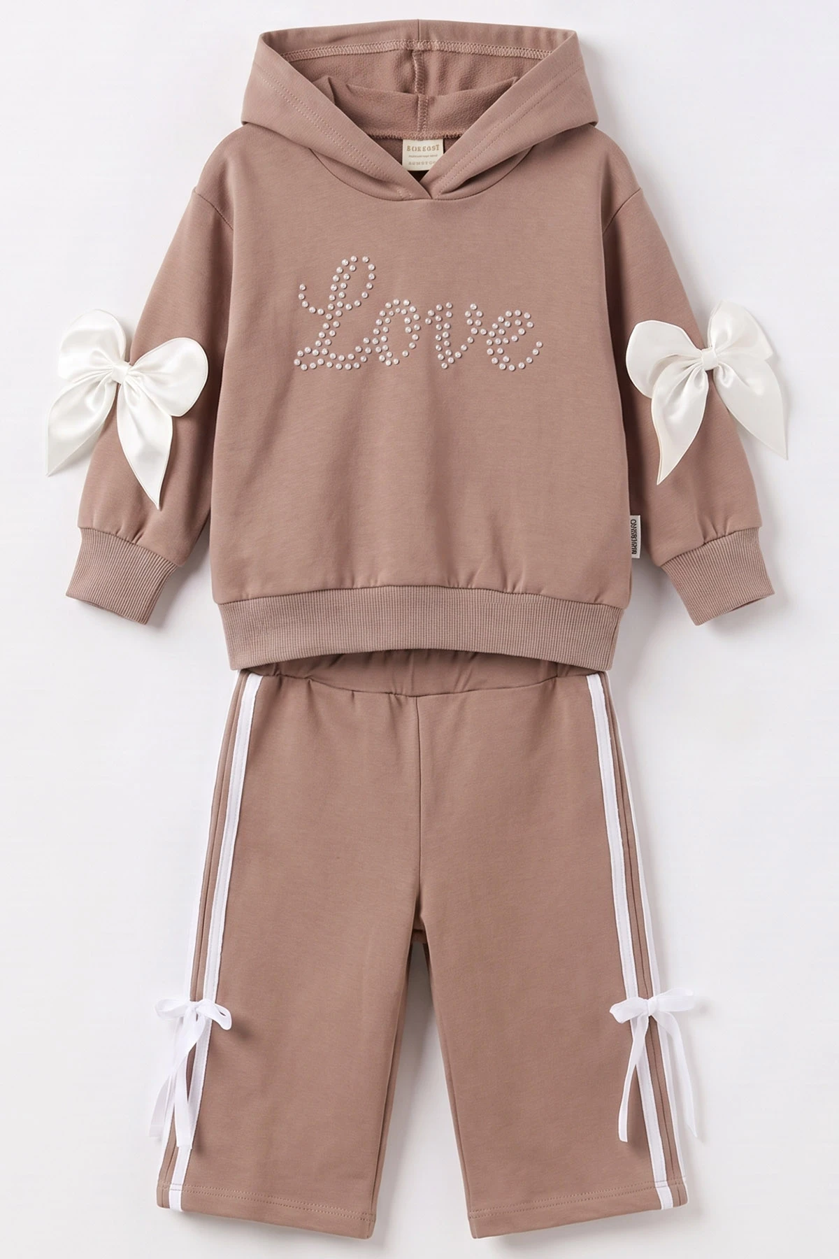Kahverengi (1-4 Yaş) Love İnci Baskılı Kapüşonlu Sweatli  2 İp Kız Çocuk&Bebek 2'li Takım 495257