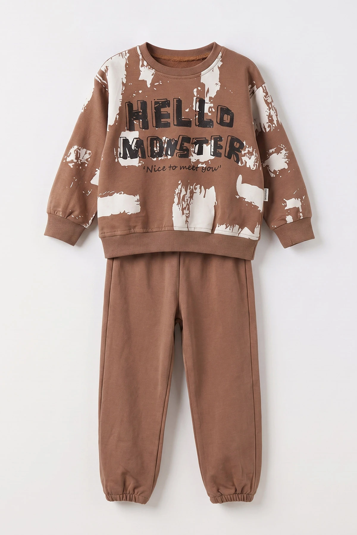 Kahverengi (1-5 Yaş) Hello Monster Baskılı 2 İp Erkek Çocuk Takım 479016