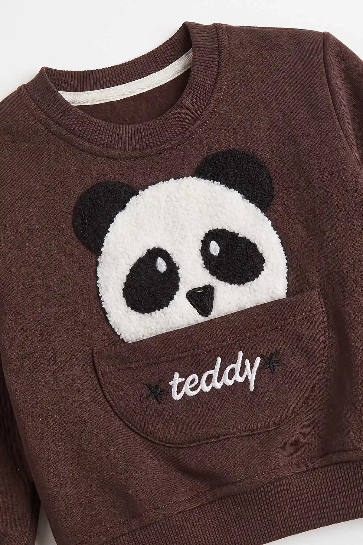 Kahverengi (1-5 Yaş) Panda Nakışlı Cep Detay 3 İp Şardonlu Erkek Çocuk Kışlık Takım 486836