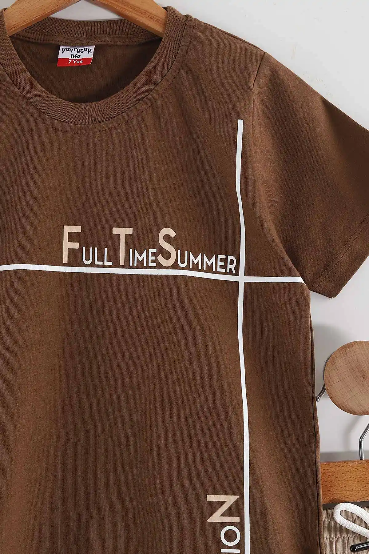 Kahverengi (2-10 Yaş) Full Time Summer Baskılı Cep Detaylı  Şortlu Penye Erkek Çocuk Yazlık Takım 437848