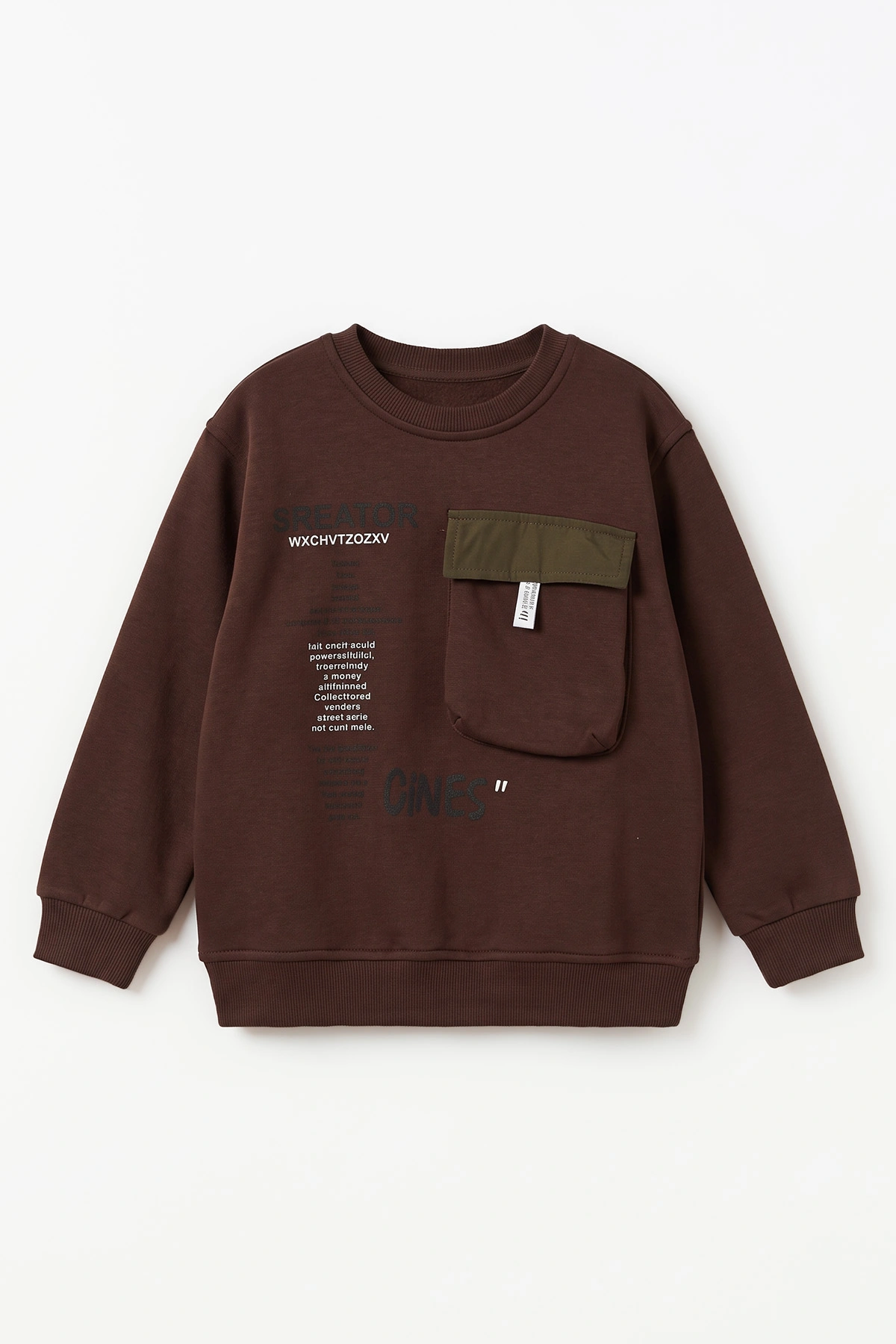 Kahverengi (2-12 Yaş) Baskılı Cep Detaylı 3 İp Şardonlu Erkek Çocuk Sweatshirt 499659