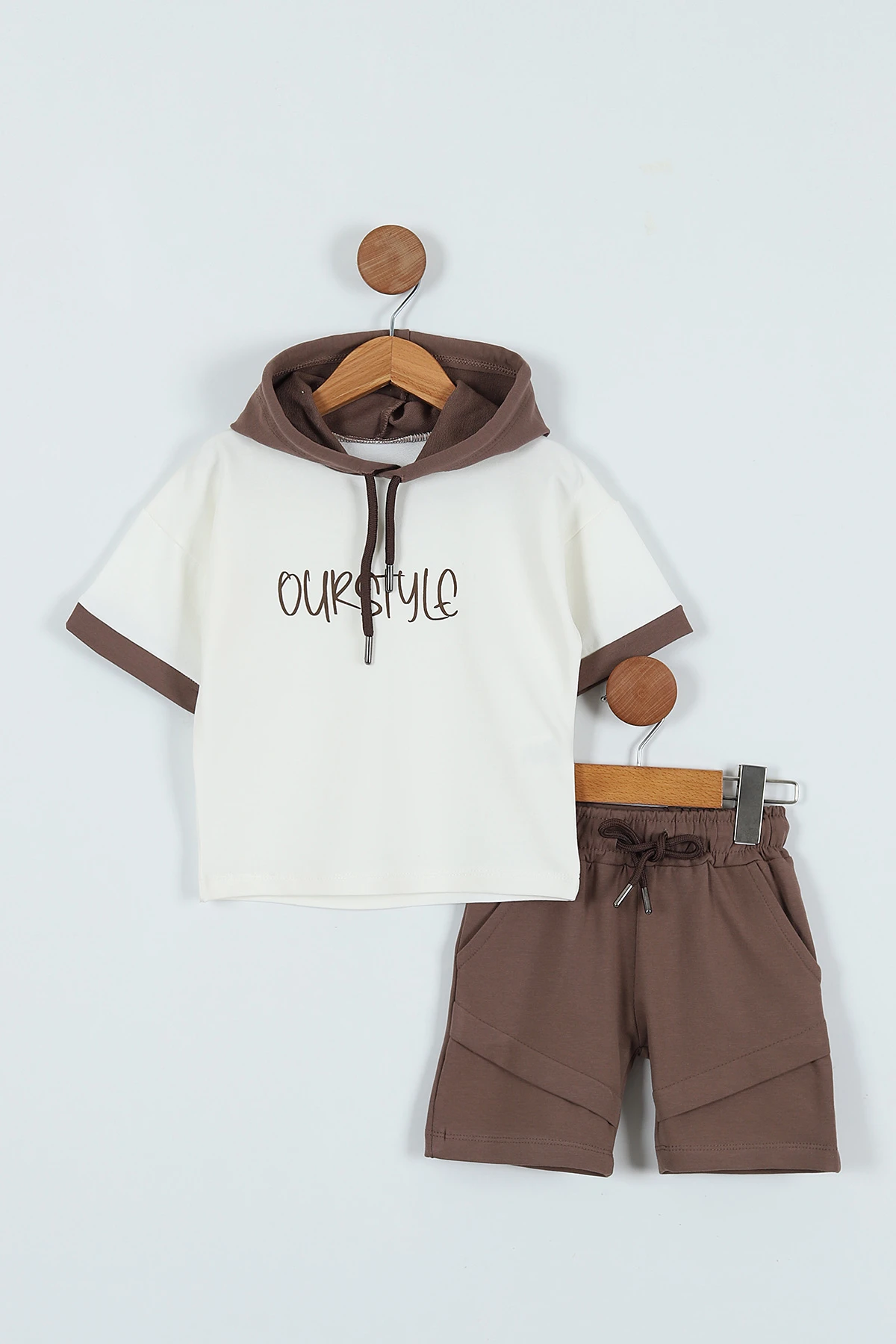 Kahverengi (2-5 Yaş) Ourstyle Baskılı Kapüşonlu Erkek Çocuk Takım 271475