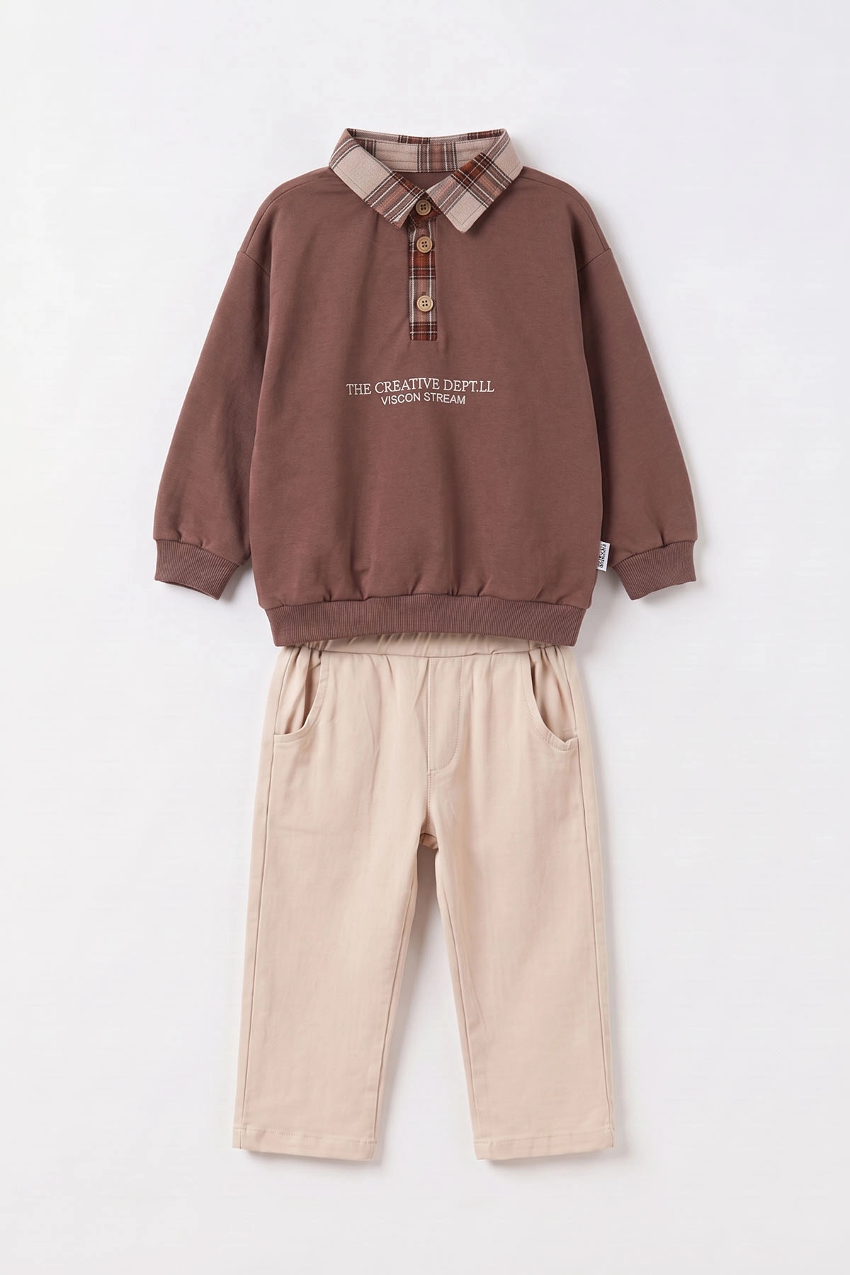 Kahverengi (2-6 Yaş) Ekose Yakalı Nakışlı Gömlek Yaka 2 İp Sweatli Gabardin Pantolonlu Erkek Çocuk Takım 497256