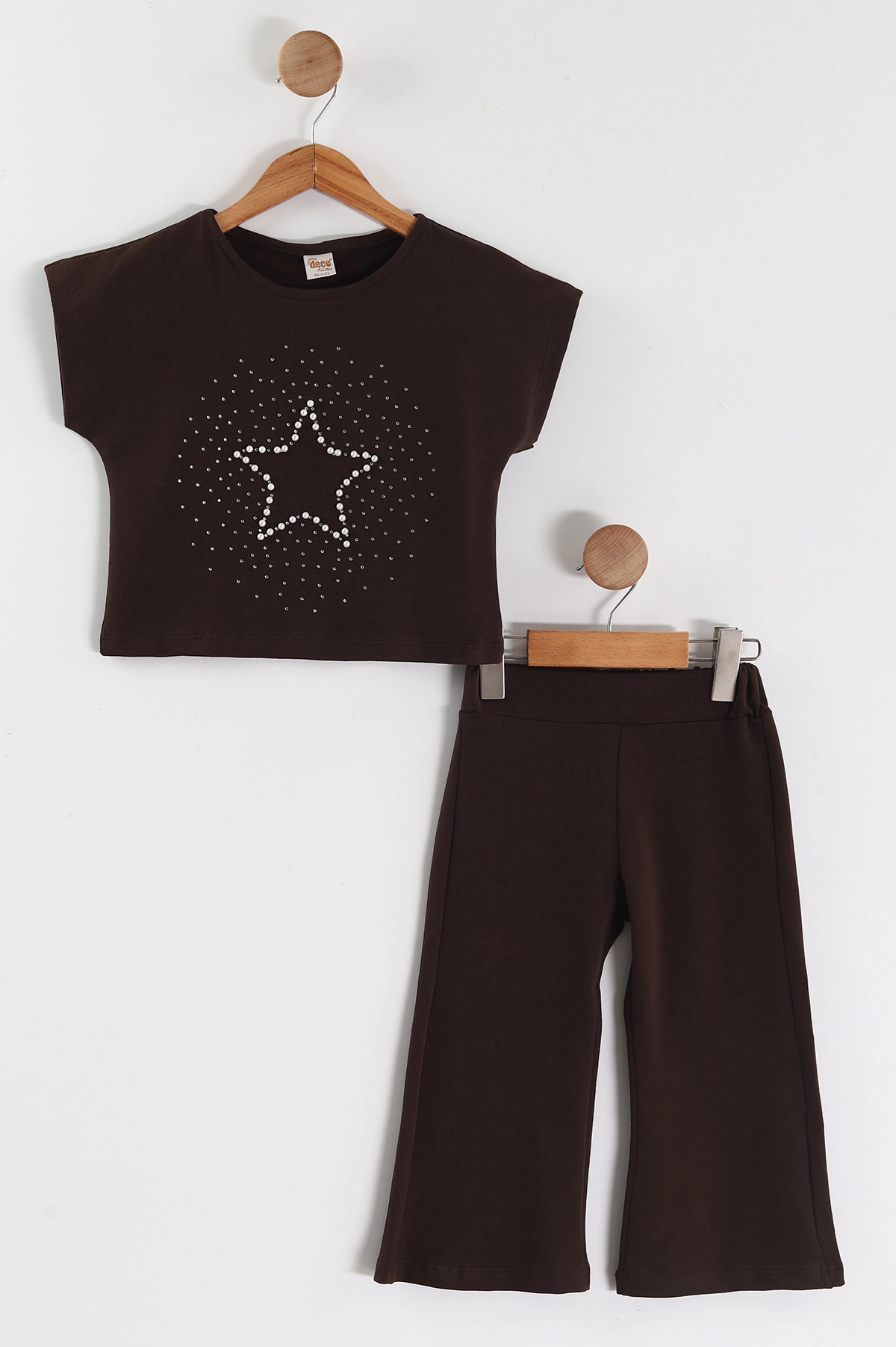 Kahverengi (2-6 Yaş) İncili Yıldız Baskılı Bol Paça  Pantolonlu  Süprem Kız Çocuk Yazlık Takım 449559
