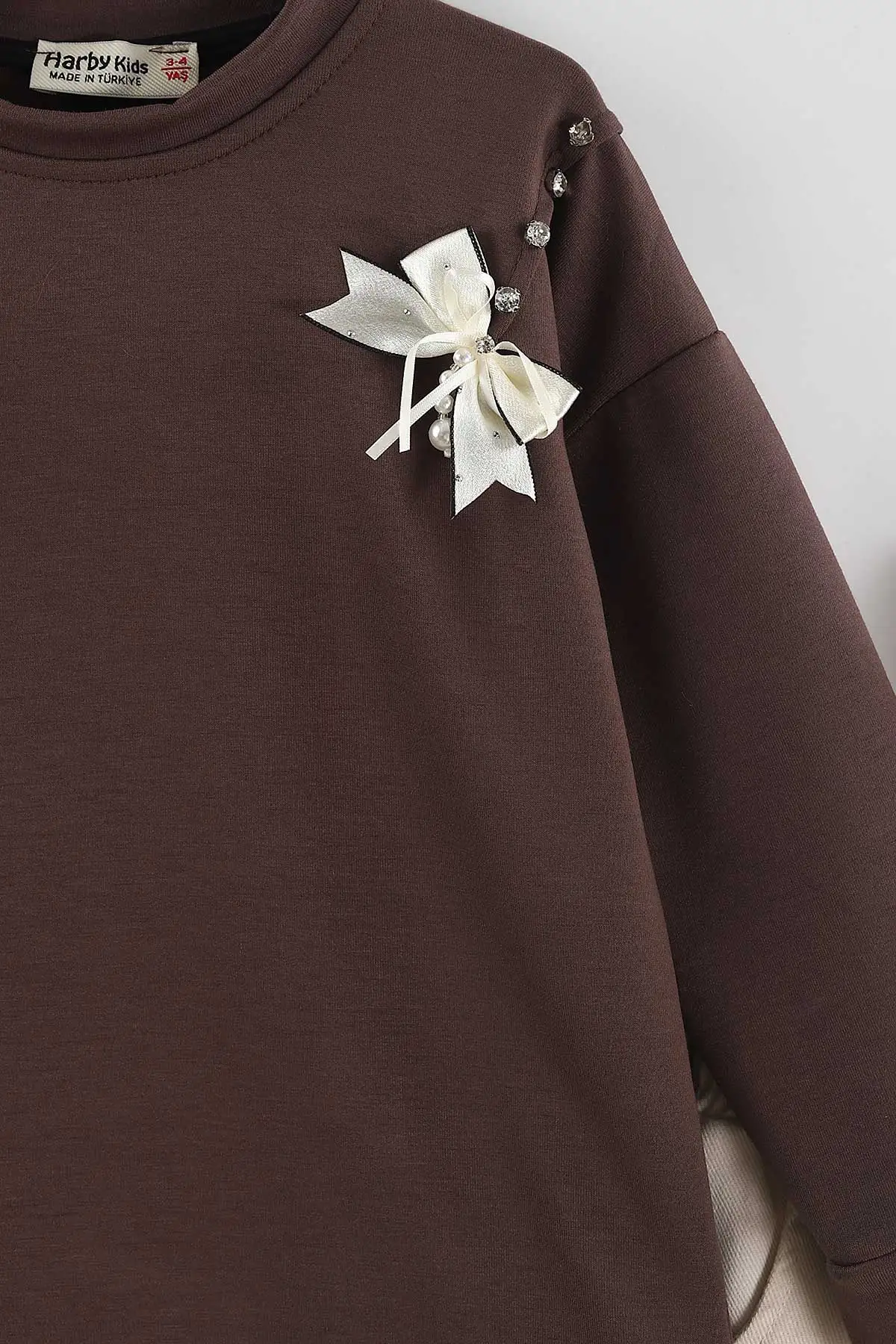 Kahverengi 3-10 Yaş) Fiyonk ve Taş Nakışlı Oysho Sweatli Gabardin Pantolonlu Kız Çocuk 2'li Takım 439890