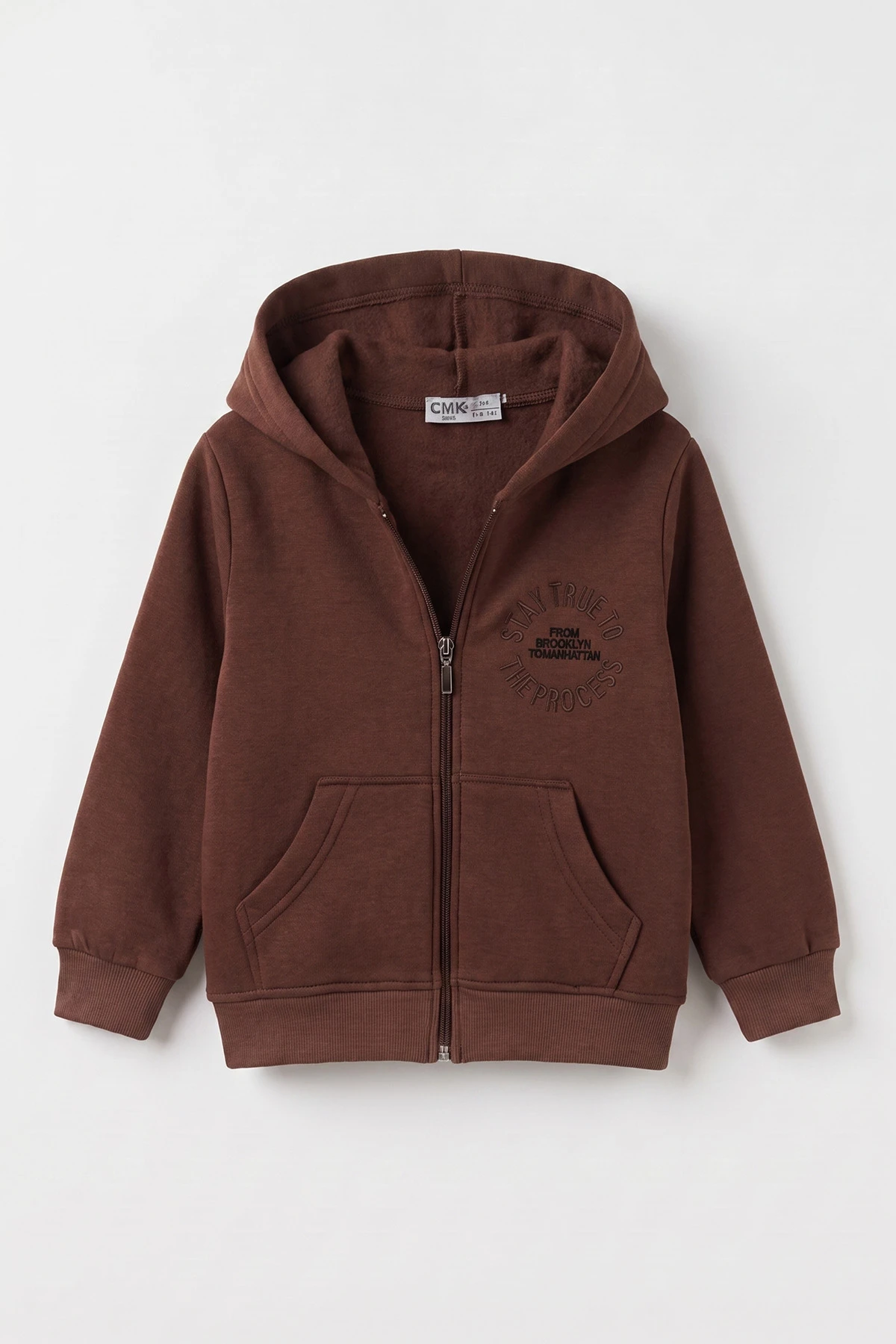 Kahverengi (3-12 Yaş) Nakışlı Kapüşonlu Fermuarlı Şardonlu 3 İp Erkek Çocuk Sweatshirt 484135