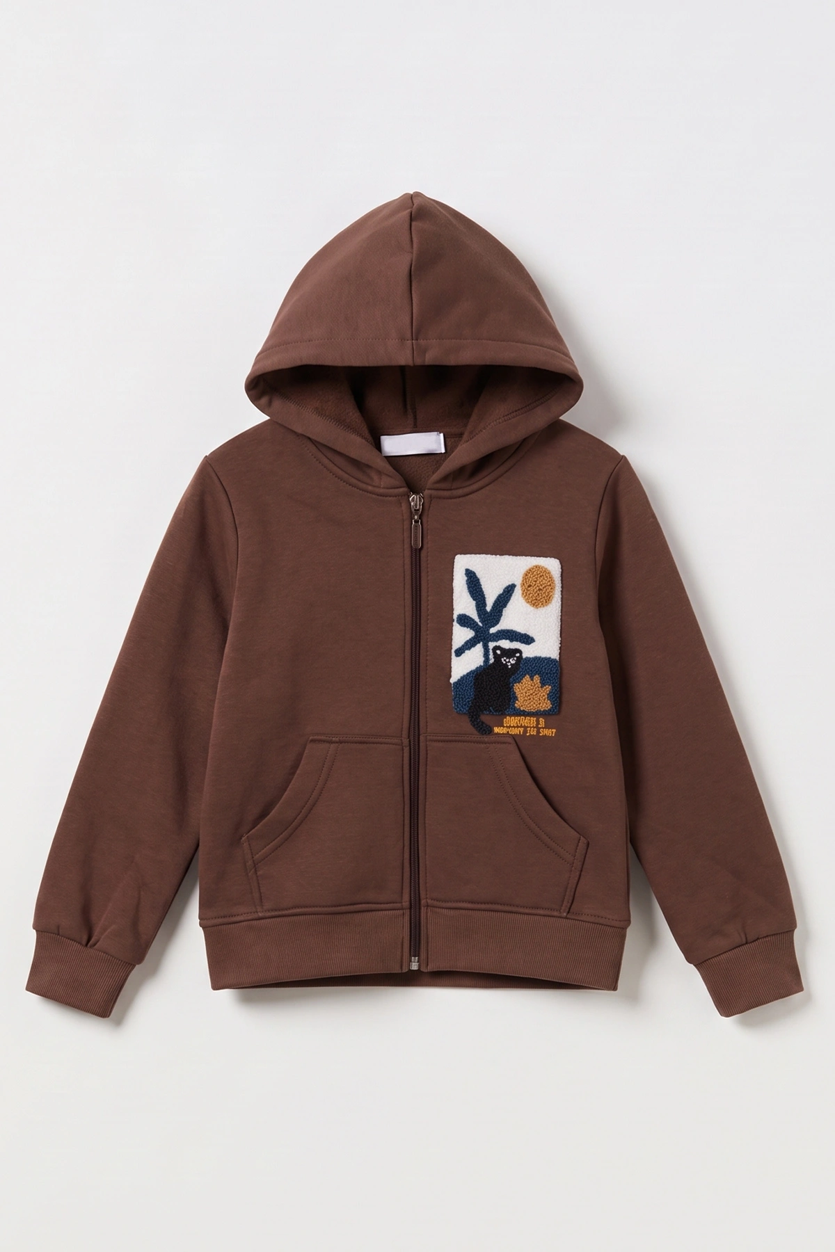 Kahverengi (3-12 Yaş) Süzene Palmiye Nakışlı Kapüşonlu 3 İp Şardonlu Erkek Çocuk Sweatshirt 478782
