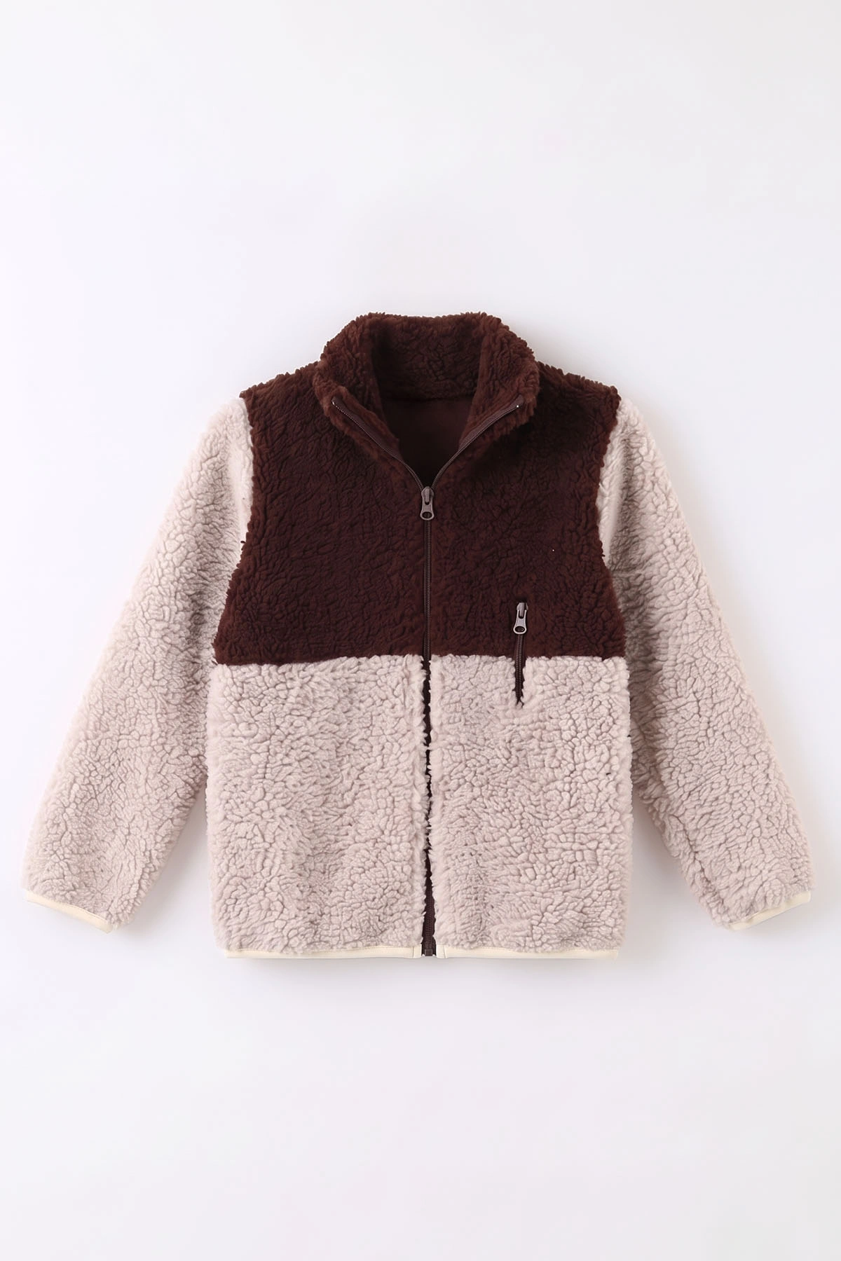 Kahverengi (3-12 Yaş)Parça Desenli Fermuarlı Polar Kuzu Hırka 484854