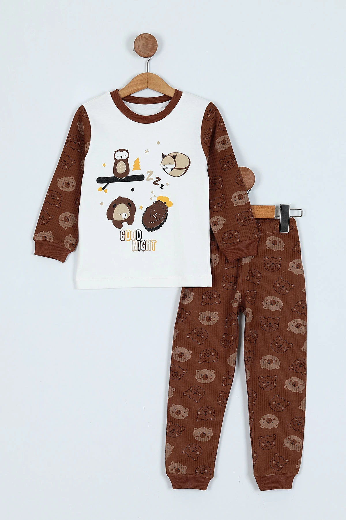 Kahverengi (3-7 Yaş) Baskılı Erkek Çocuk Pijama Takım 239603