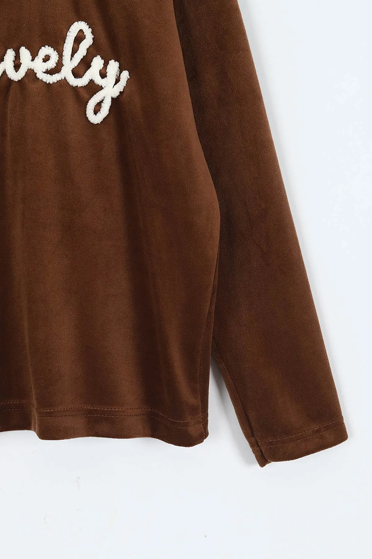 Kahverengi (5-12 Yaş) Lovely  Nakışlı Yarım Balıkçı Yaka Kadife Kız Çocuk Sweat 410599