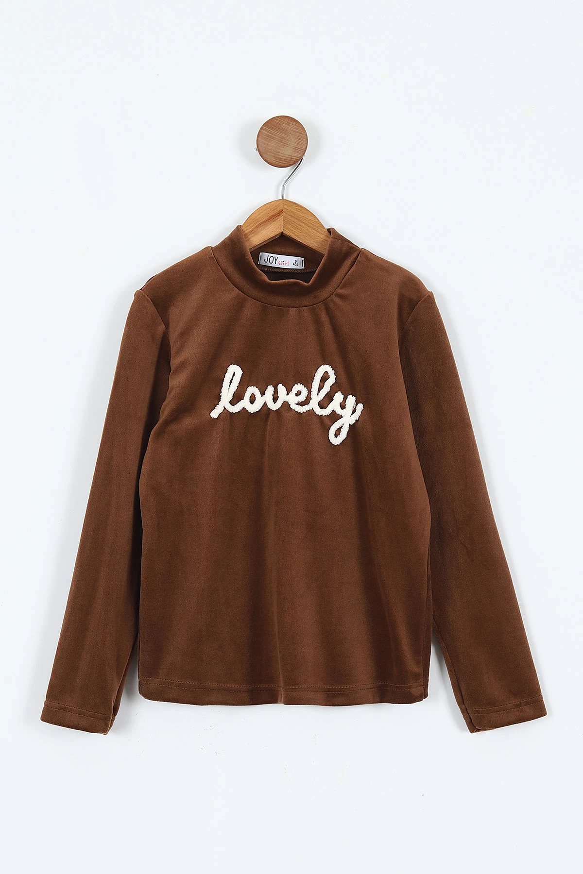 Kahverengi (5-12 Yaş) Lovely  Nakışlı Yarım Balıkçı Yaka Kadife Kız Çocuk Sweat 410599