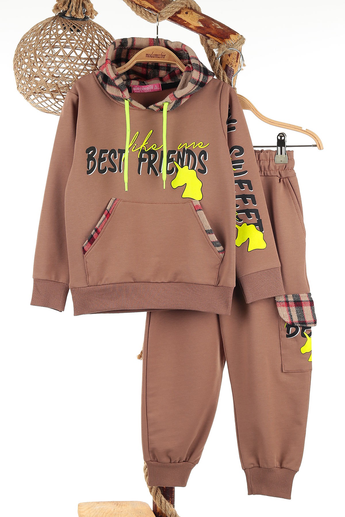 Kahverengi (5-8 Yaş) Best Frıends Baskılı Kapüşonlu Kız Çocuk Mevsimlik İkili Takım 133721