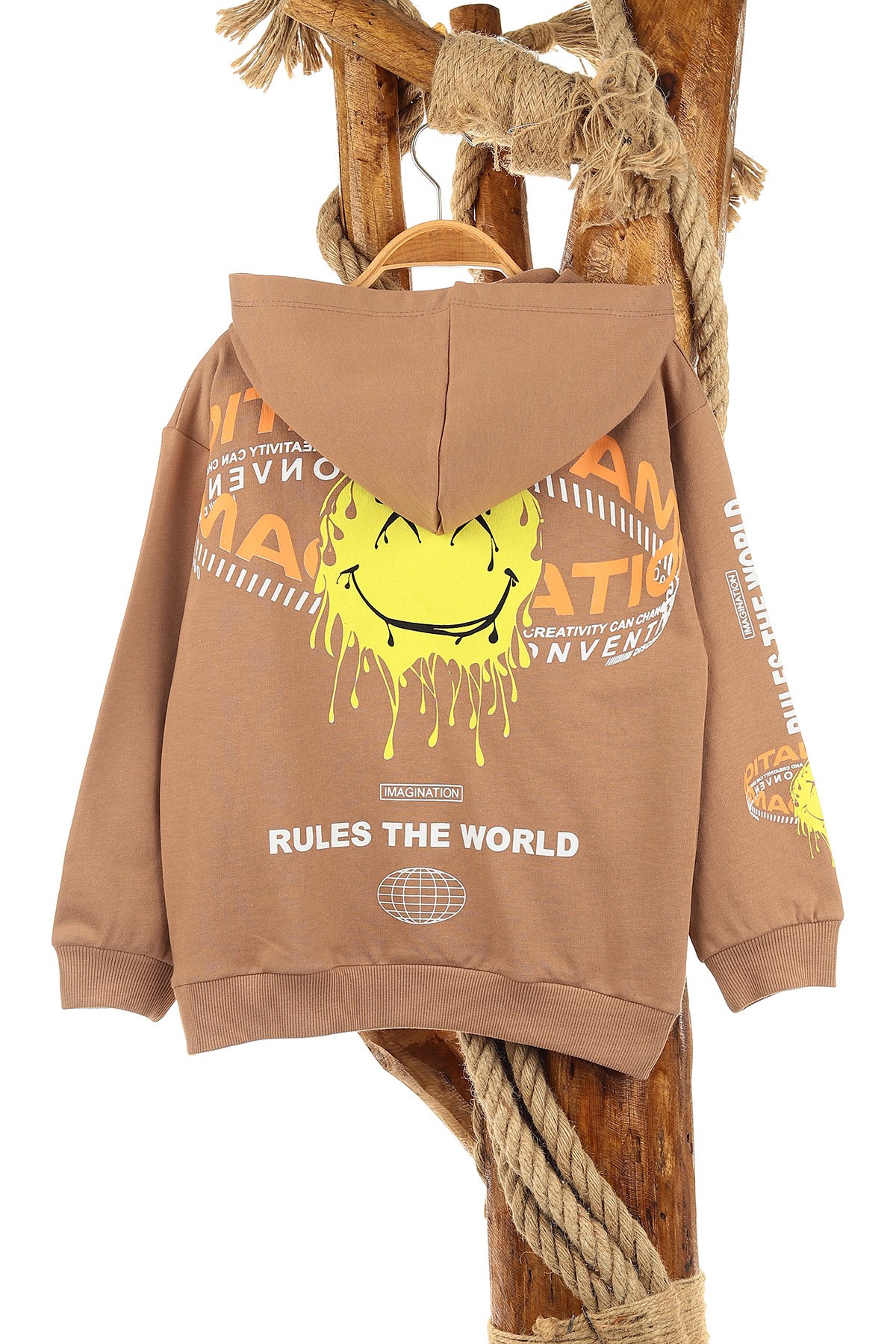 Kahverengi (5-8 Yaş) Feel Happy Baskılı Kapüşonlu  Mevsimlik Erkek Çocuk Sweat 157156