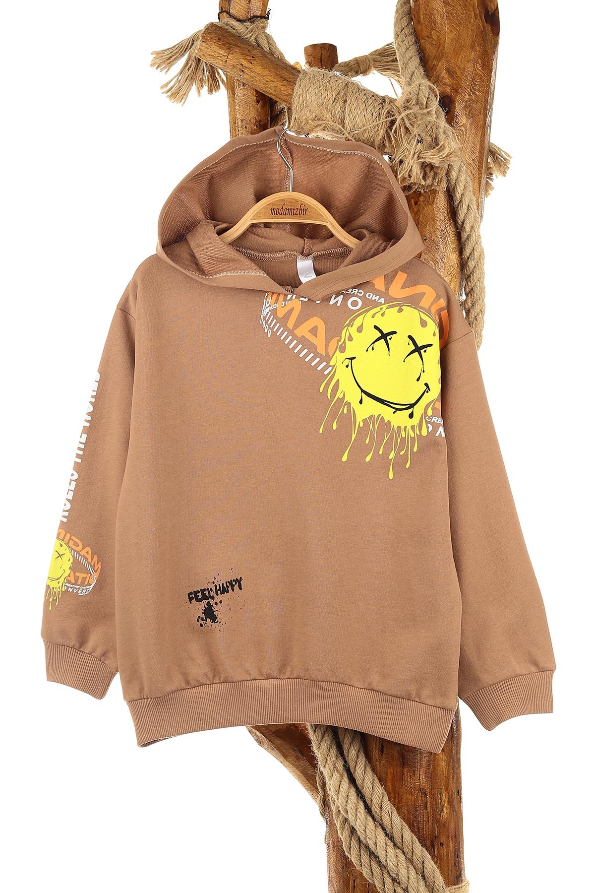 Kahverengi (5-8 Yaş) Feel Happy Baskılı Kapüşonlu  Mevsimlik Erkek Çocuk Sweat 157156