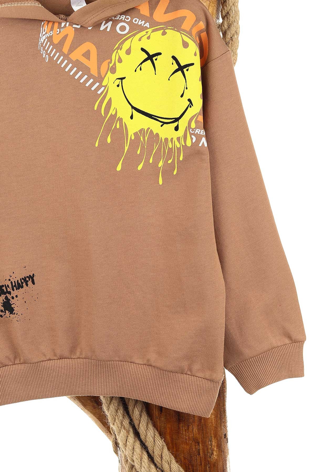Kahverengi (5-8 Yaş) Feel Happy Baskılı Kapüşonlu  Mevsimlik Erkek Çocuk Sweat 157156