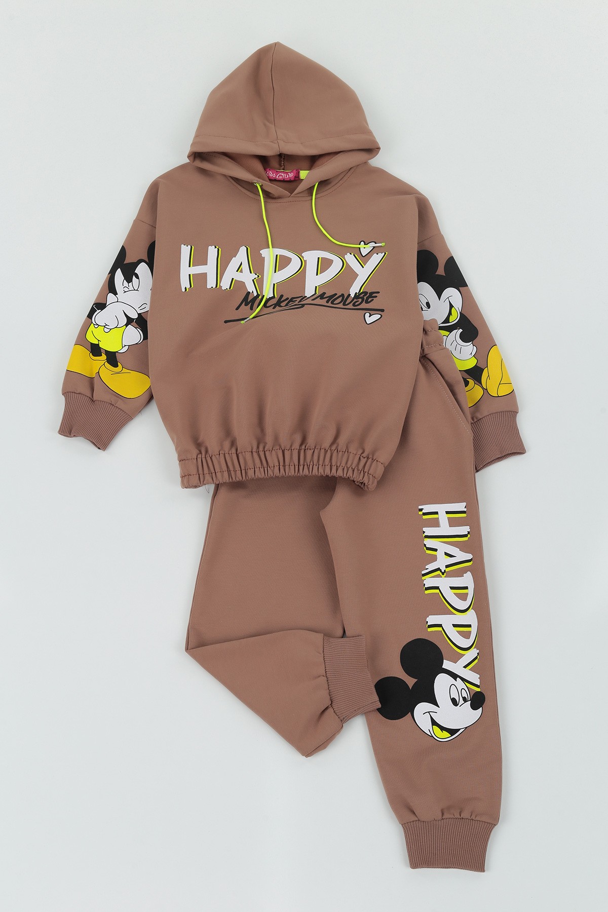 Kahverengi (5-8 Yaş)Happy Baskılı Kapüşonlu Kız Çocuk Mevsimlik İkili Takım 133744