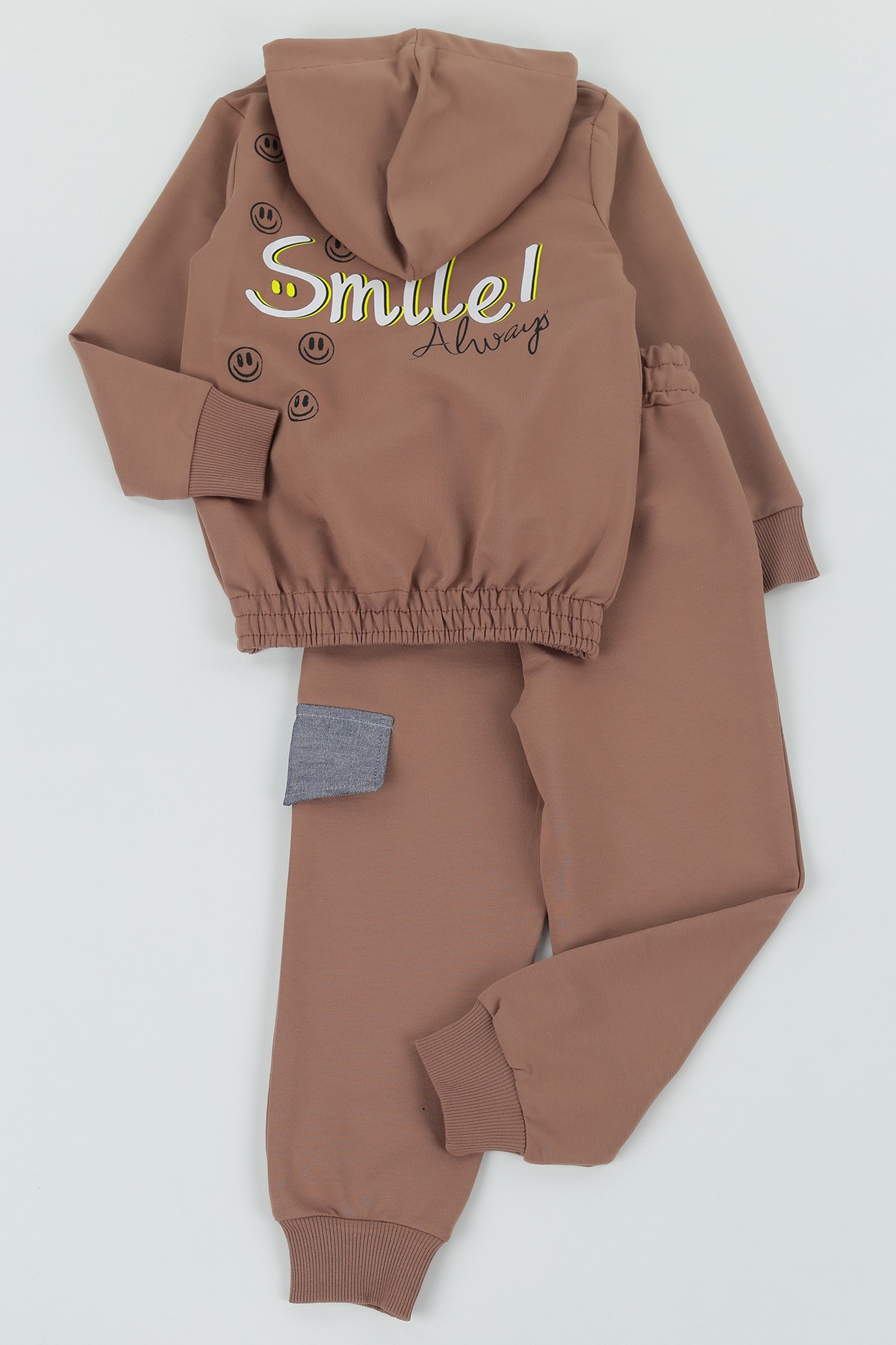 Kahverengi (5-8 Yaş)Smile Baskılı Cep Detay Kapüşonlu Kız Çocuk Mevsimlik Takım 133529