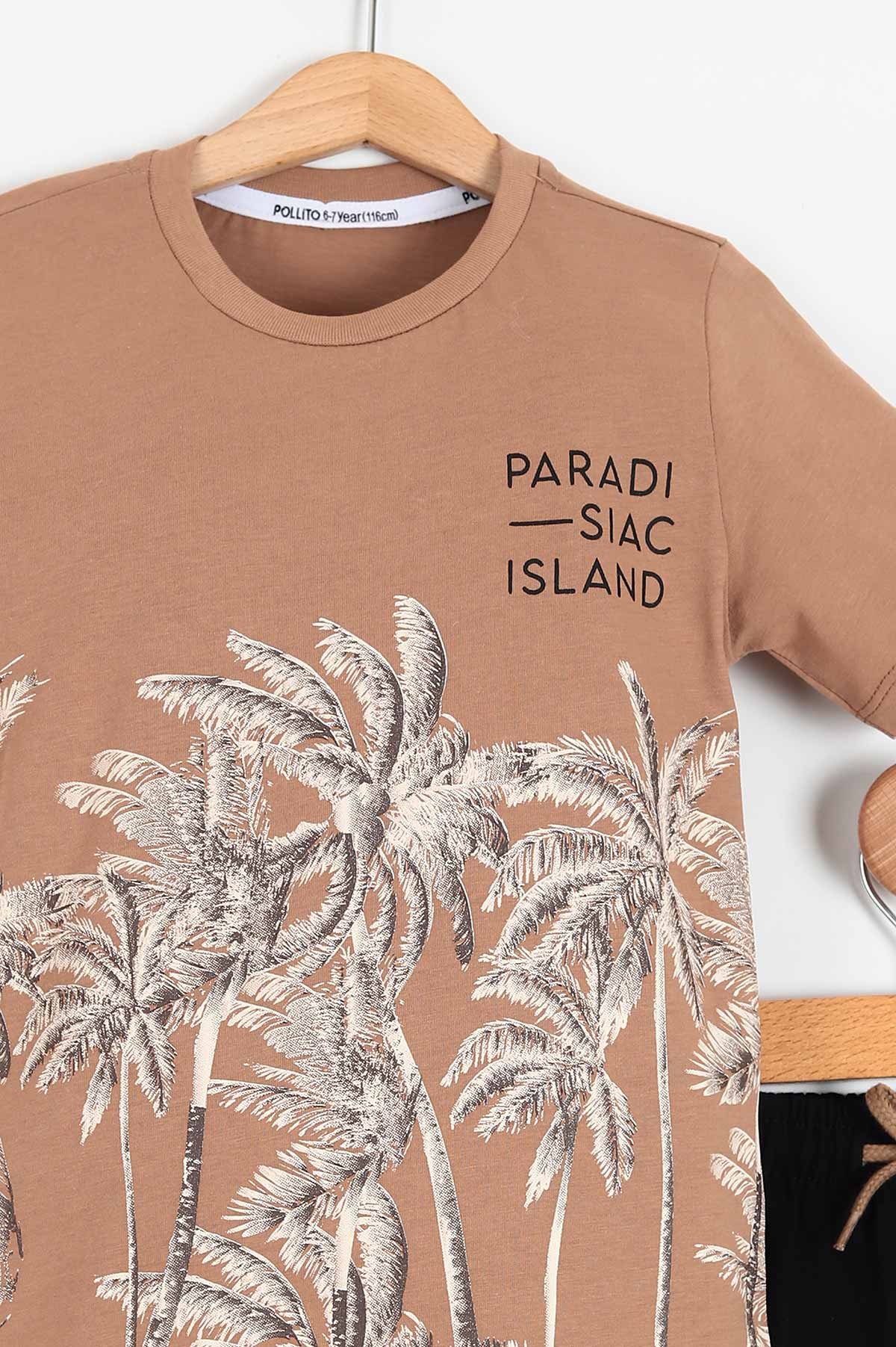Kahverengi (6-9 Yaş) Paradi Palmiye Baskılı Şortlu Erkek Çocuk Takım 193201