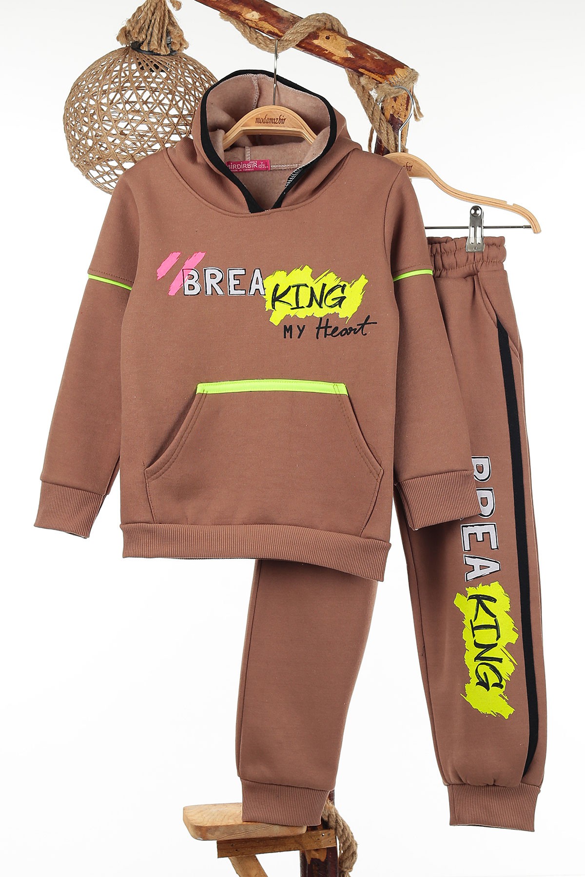 Kahverengi (7-10 Yaş) Brea Kıng Baskılı 3 İP Şardonlu Kız Çocuk İkili Takım 142949