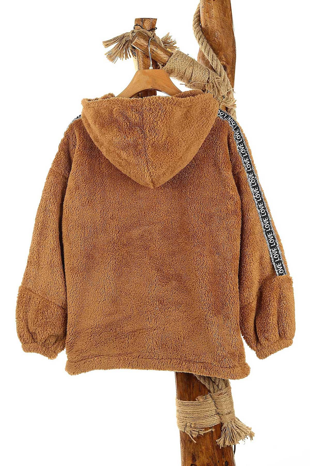 Kahverengi (9-12 Yaş) Fermuarlı Kanguru Cepli Salaş Peluş Kız Çocuk Sweat 156196