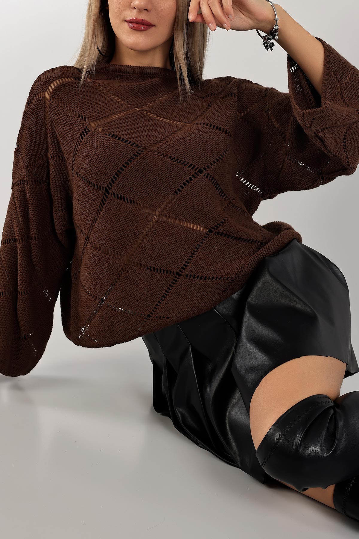 Kahverengi Ajurlu Crop Triko Kazak 137480