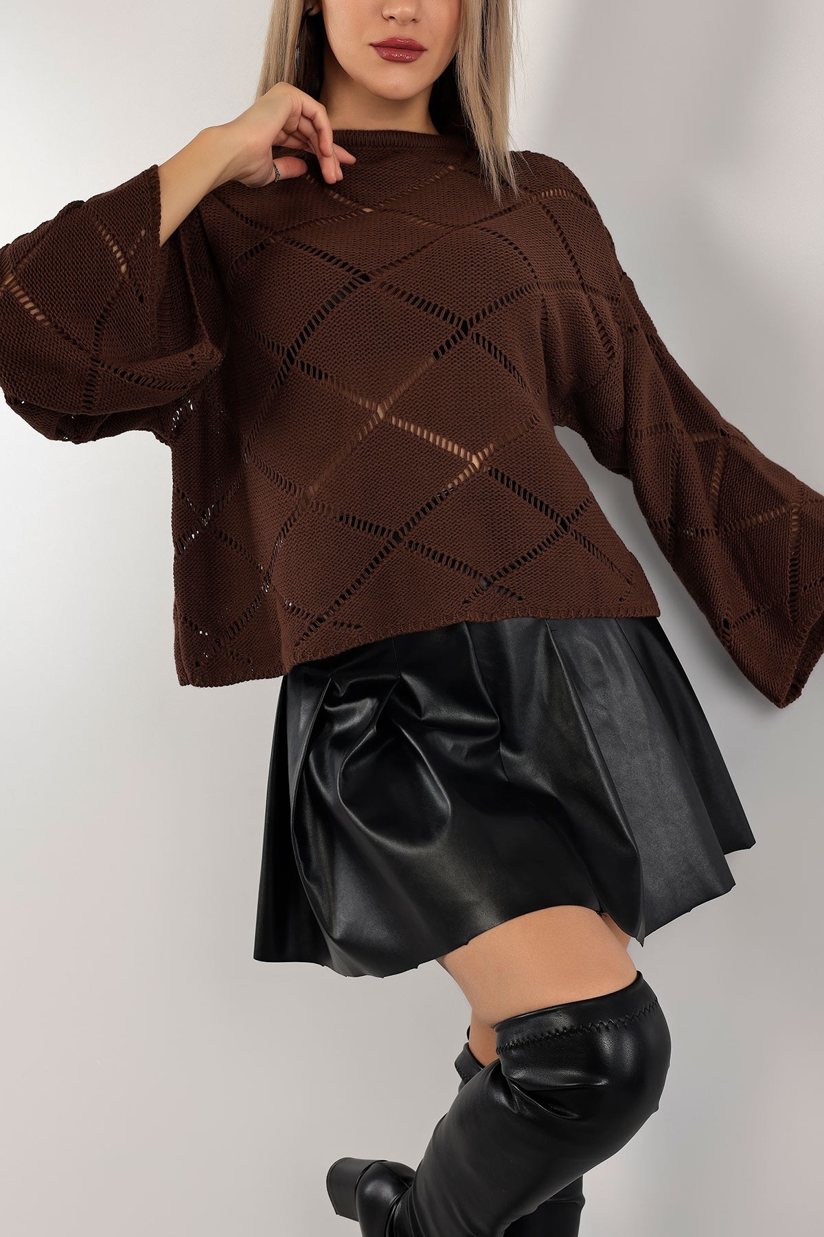 Kahverengi Ajurlu Crop Triko Kazak 137480