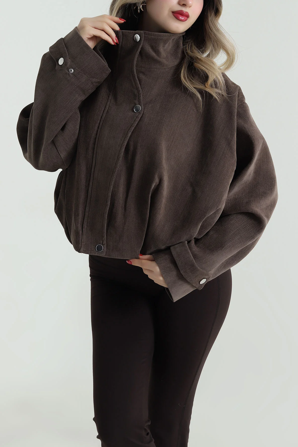Kahverengi Asimetrik Pat Detay Denim Modal Kadın Bomber Mont 499365